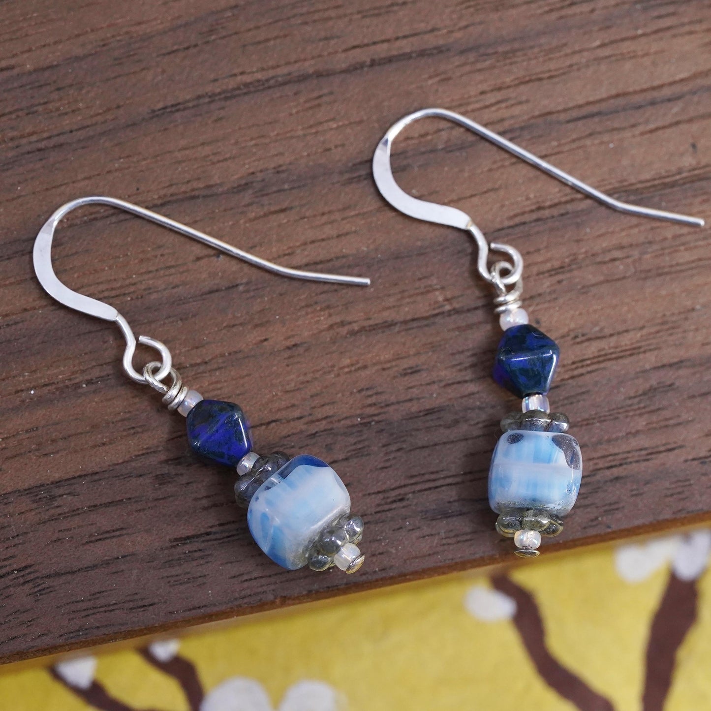 Vintage sterling 925 silver handmade earrings with lapis lazuli glass bead