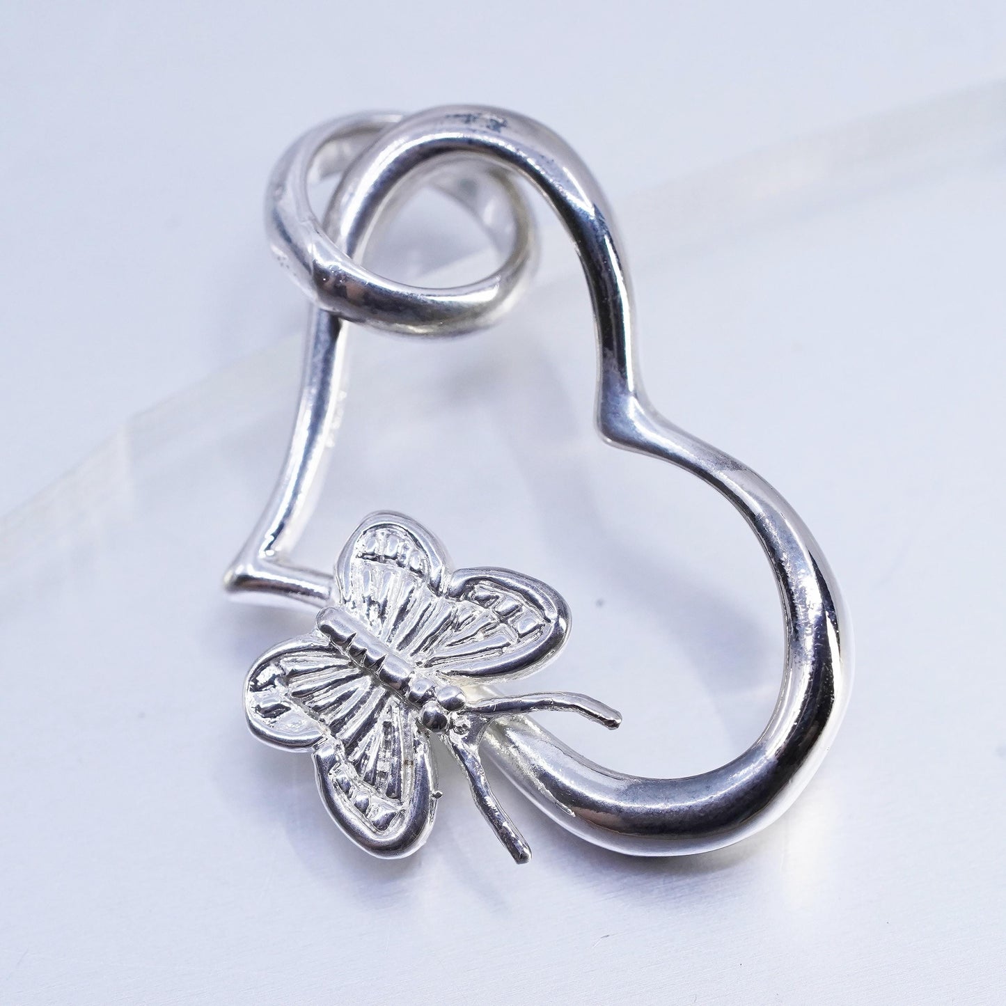 Vintage sterling 925 silver handmade heart pendant with butterfly