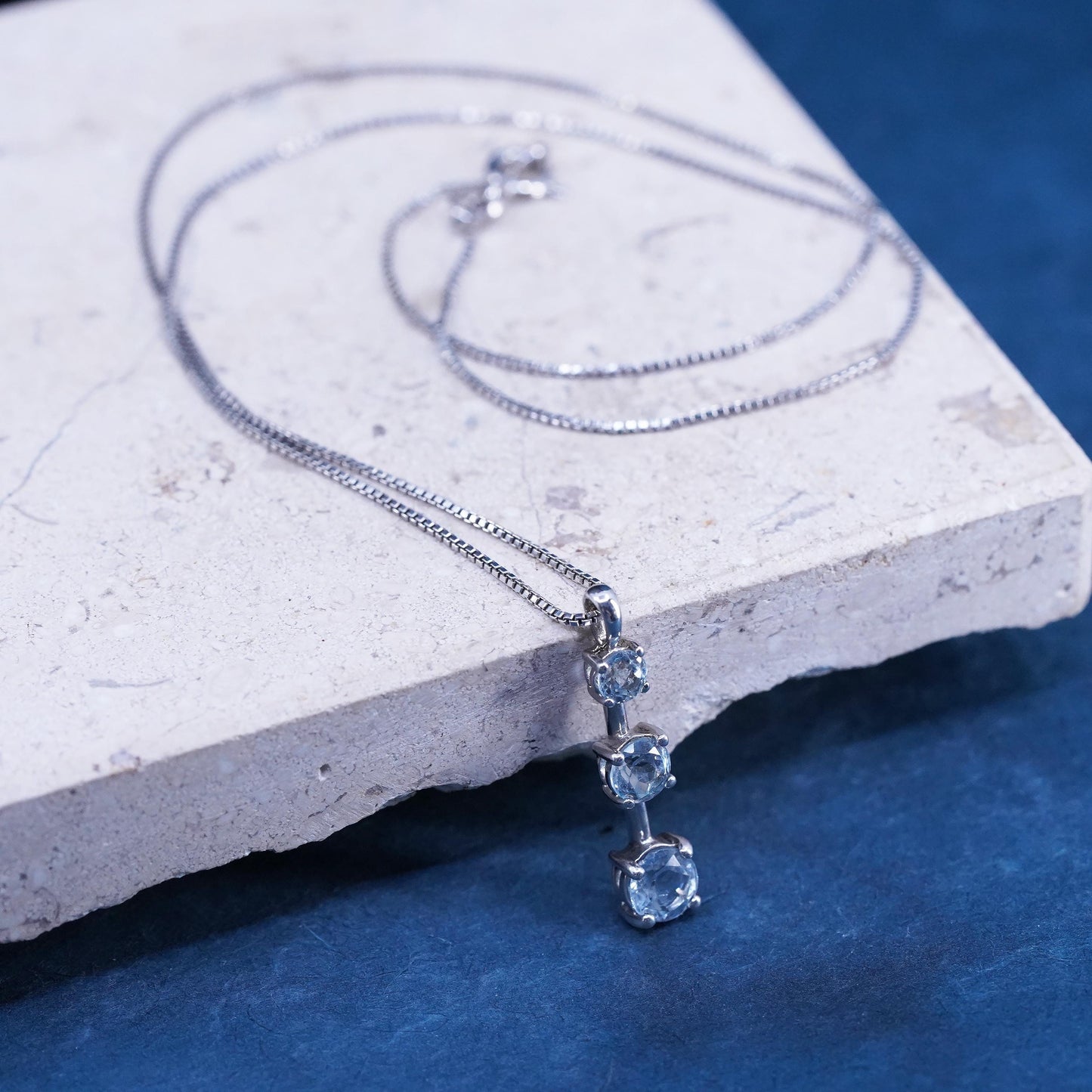 18”, vintage Sterling silver handmade necklace, 925 box chain blue cz pendant