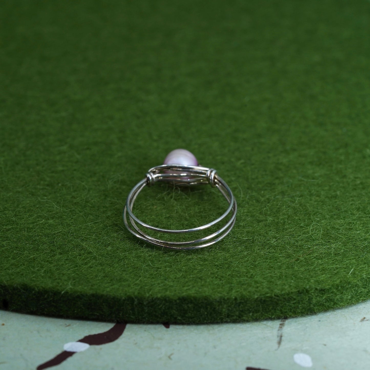 Size 8, vintage sterling 925 silver handmade wired ring with pink pearl