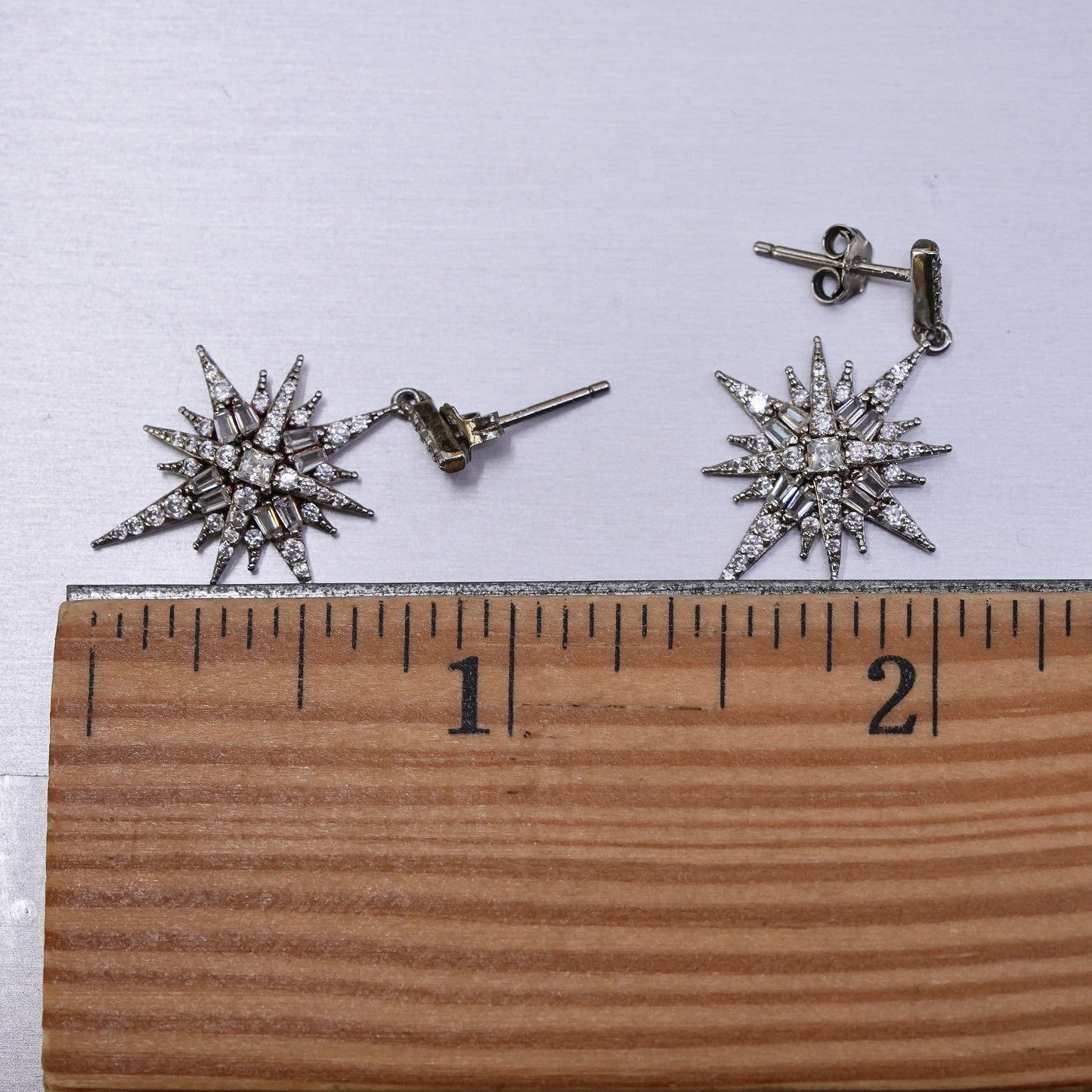 Vintage Sterling silver handmade earrings, 925 snowflake drops with cluster cz