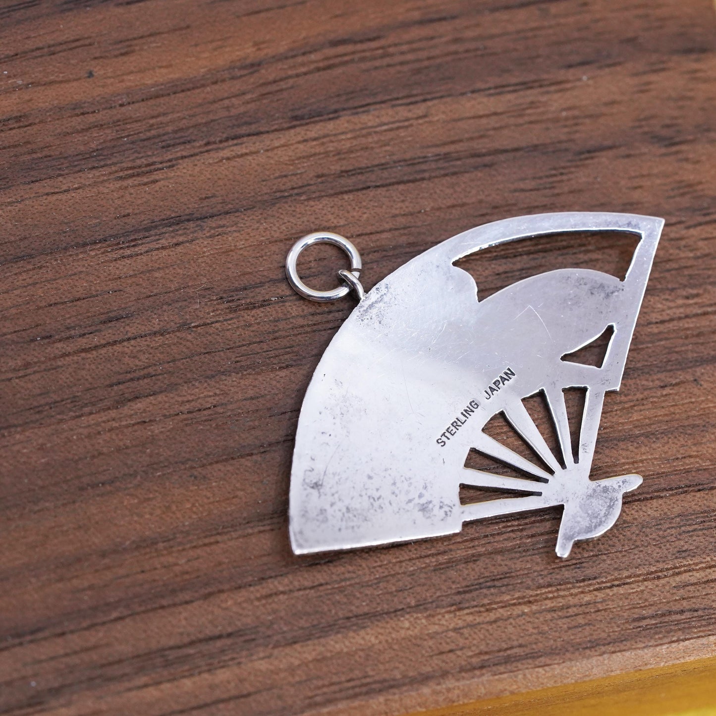 Japanese Fan Pendant Gold & Sterling 925 Silver, Traditional Landscape Scene