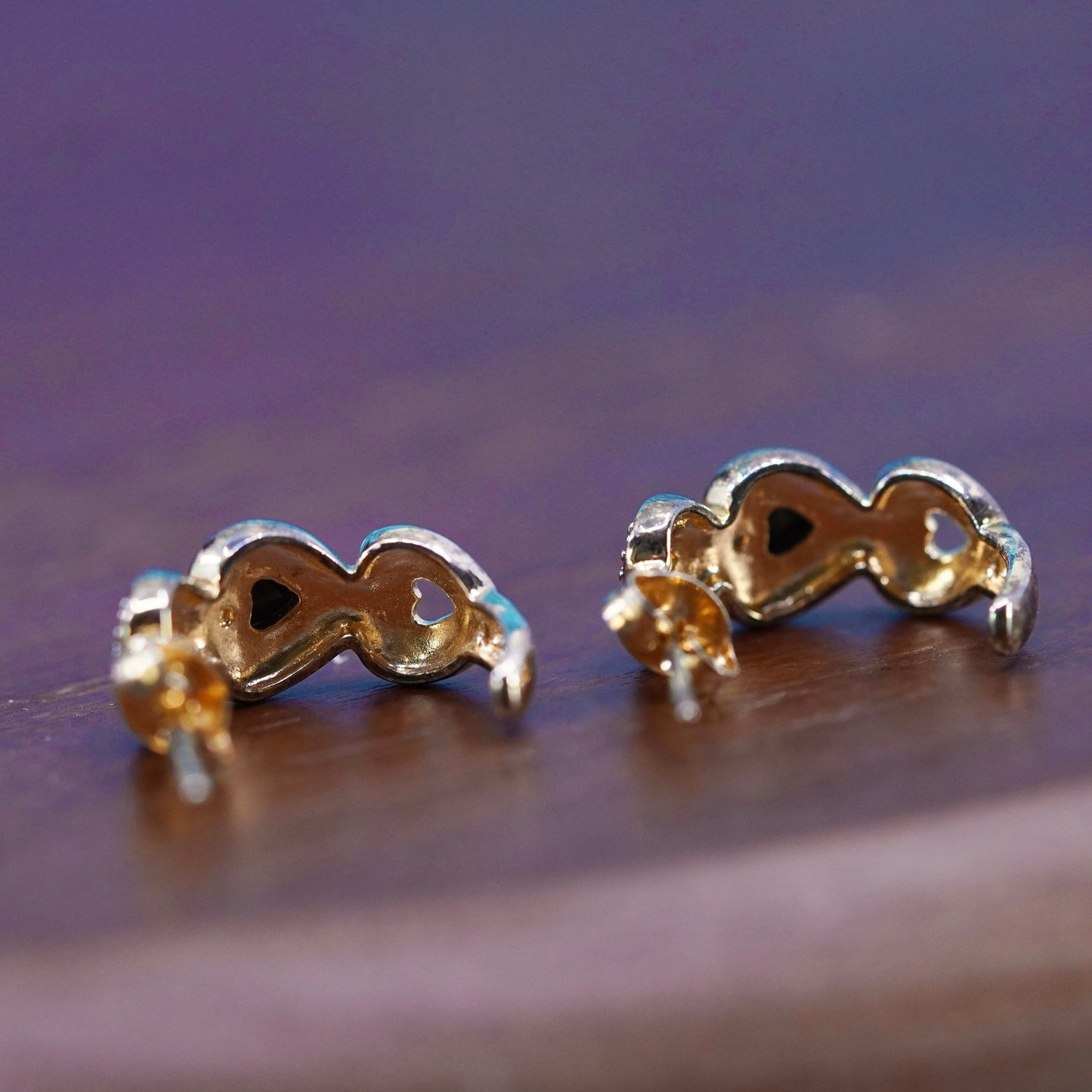 vermeil gold Sterling silver earrings, 925 heart huggie studs sapphire diamond