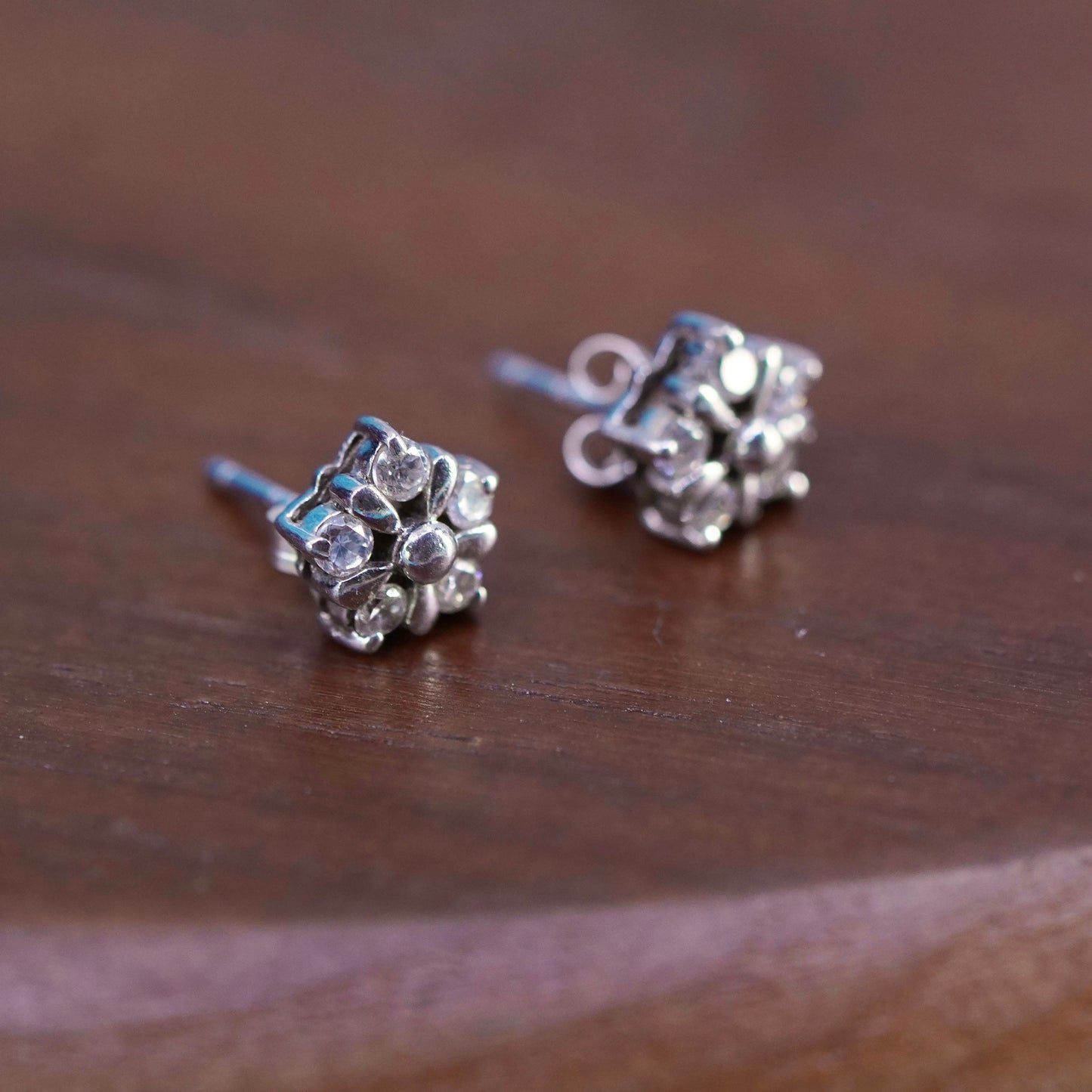 Vintage Sterling silver handmade earrings, 925 flower studs with cz
