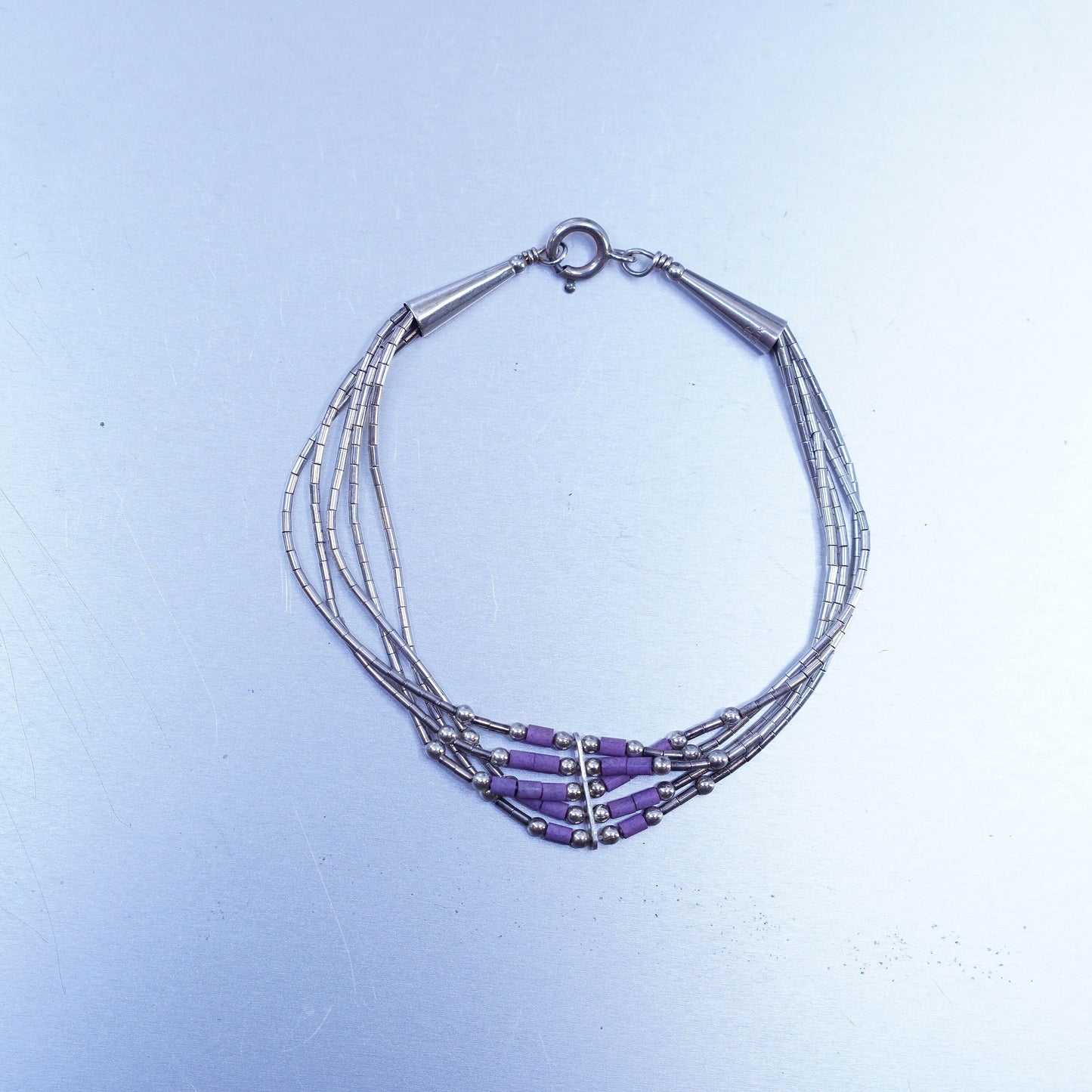 6.75”, Sterling 925 silver handmade bracelet, liquid chain purple stone charm