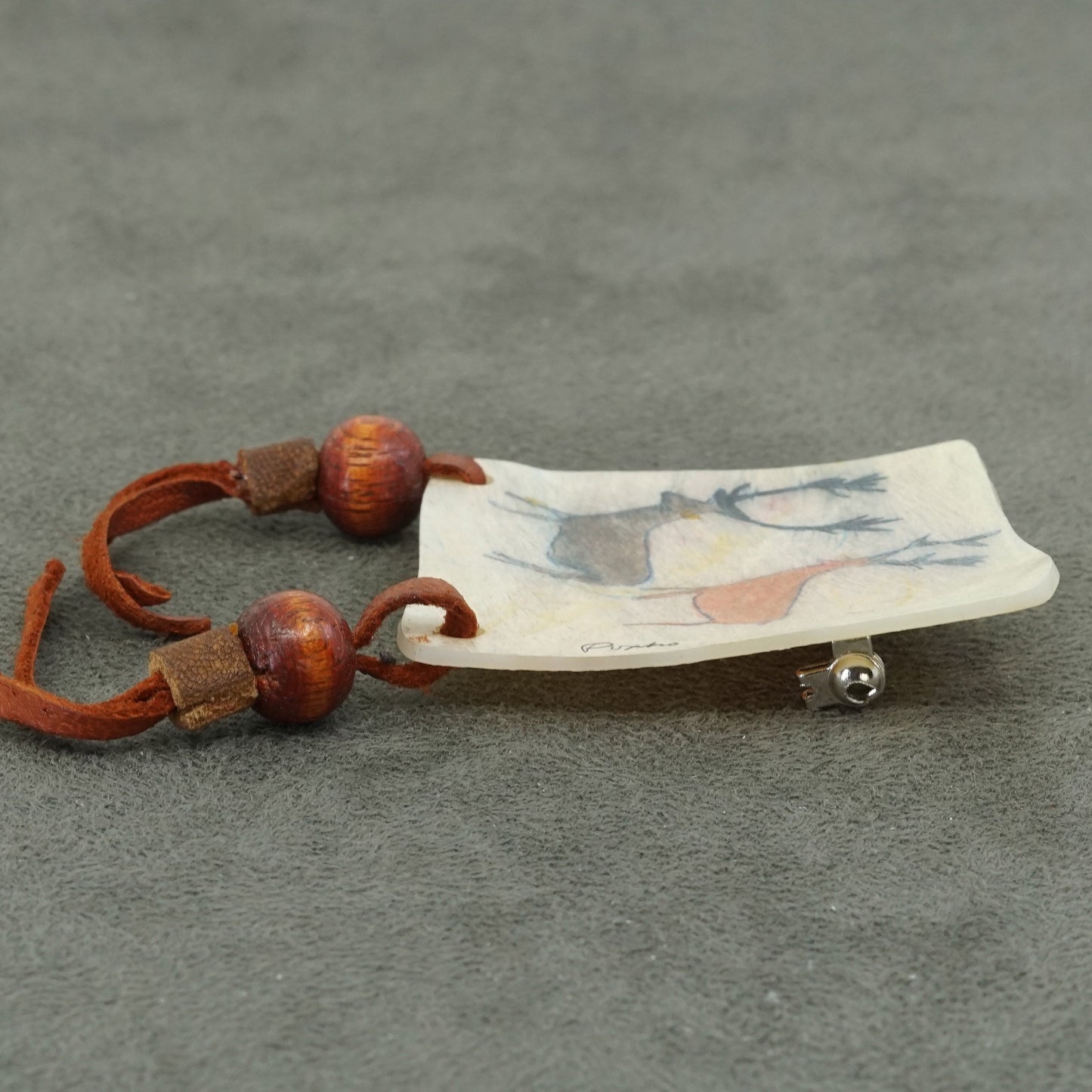 Vintage handmade brooch with leather fringe and deer painting