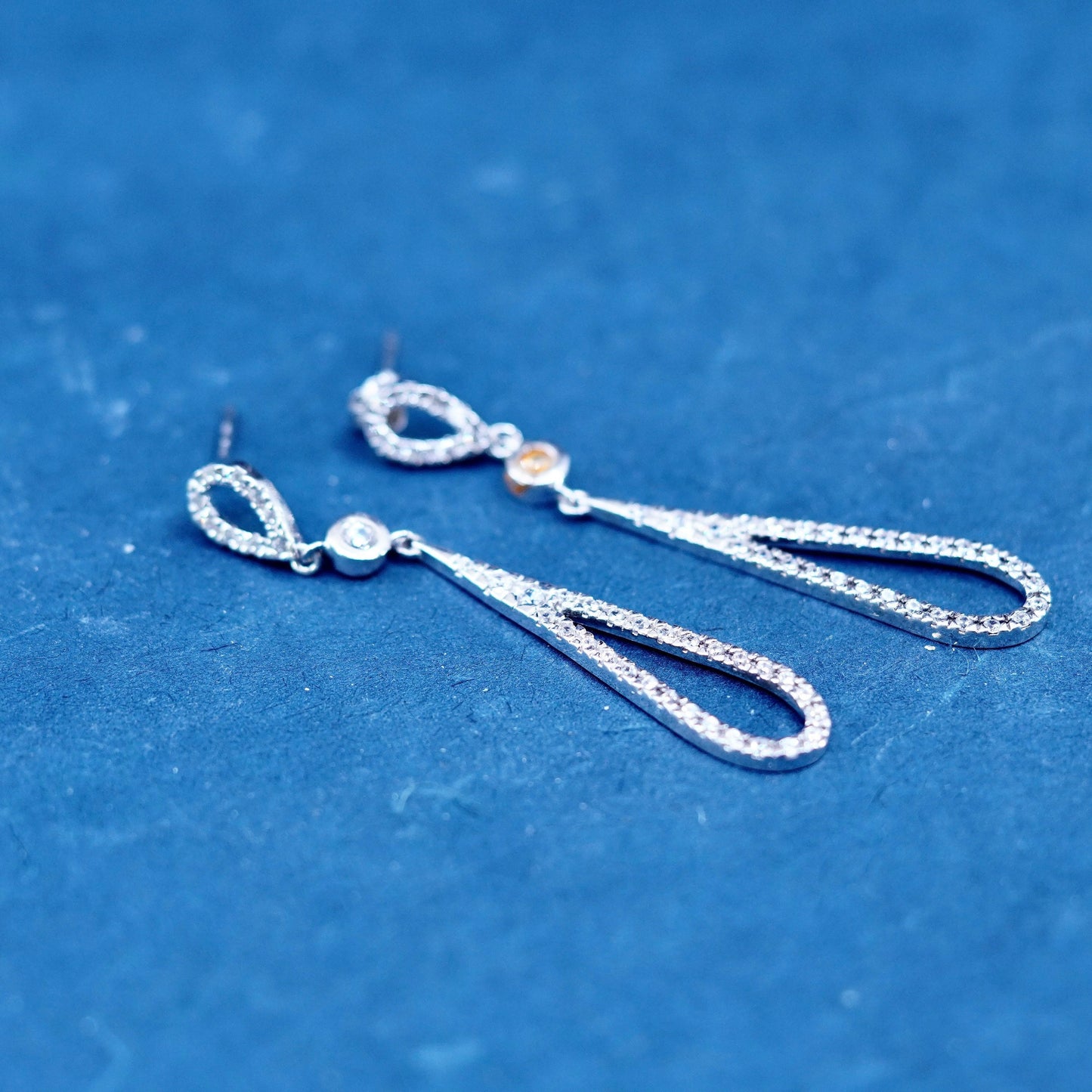 Vintage sterling Silver earrings, 925 silver teardrop drops with cz