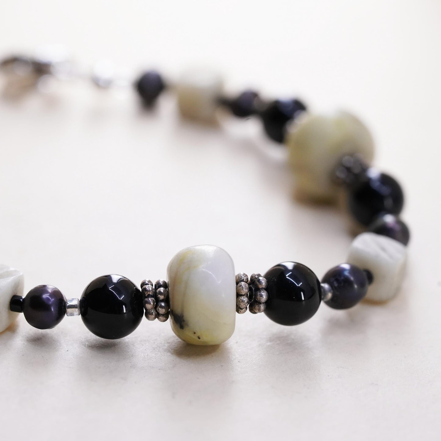 6.5”, Vintage Sterling 925 silver handmade bracelet with onyx Jasper beads