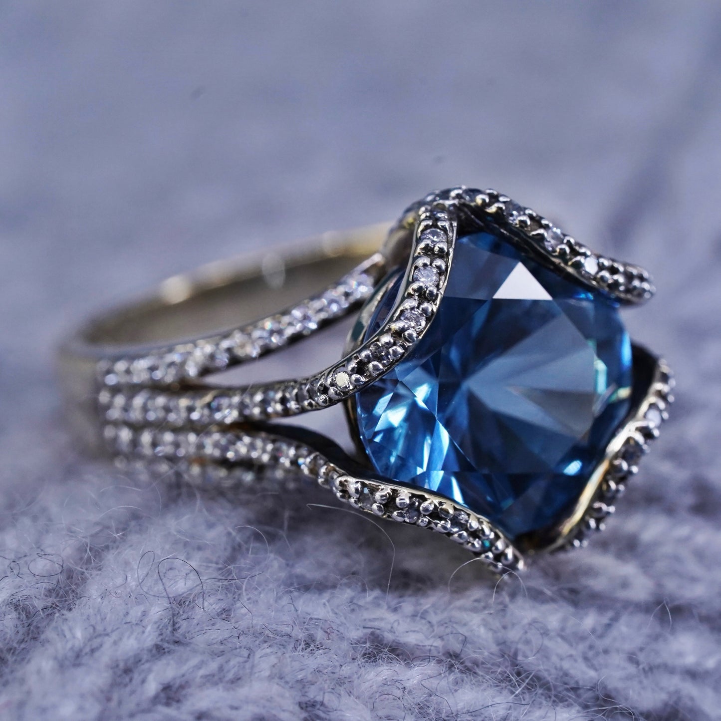 Size 7, vermeil gold over sterling 925 silver ring with topaz and cluster cz