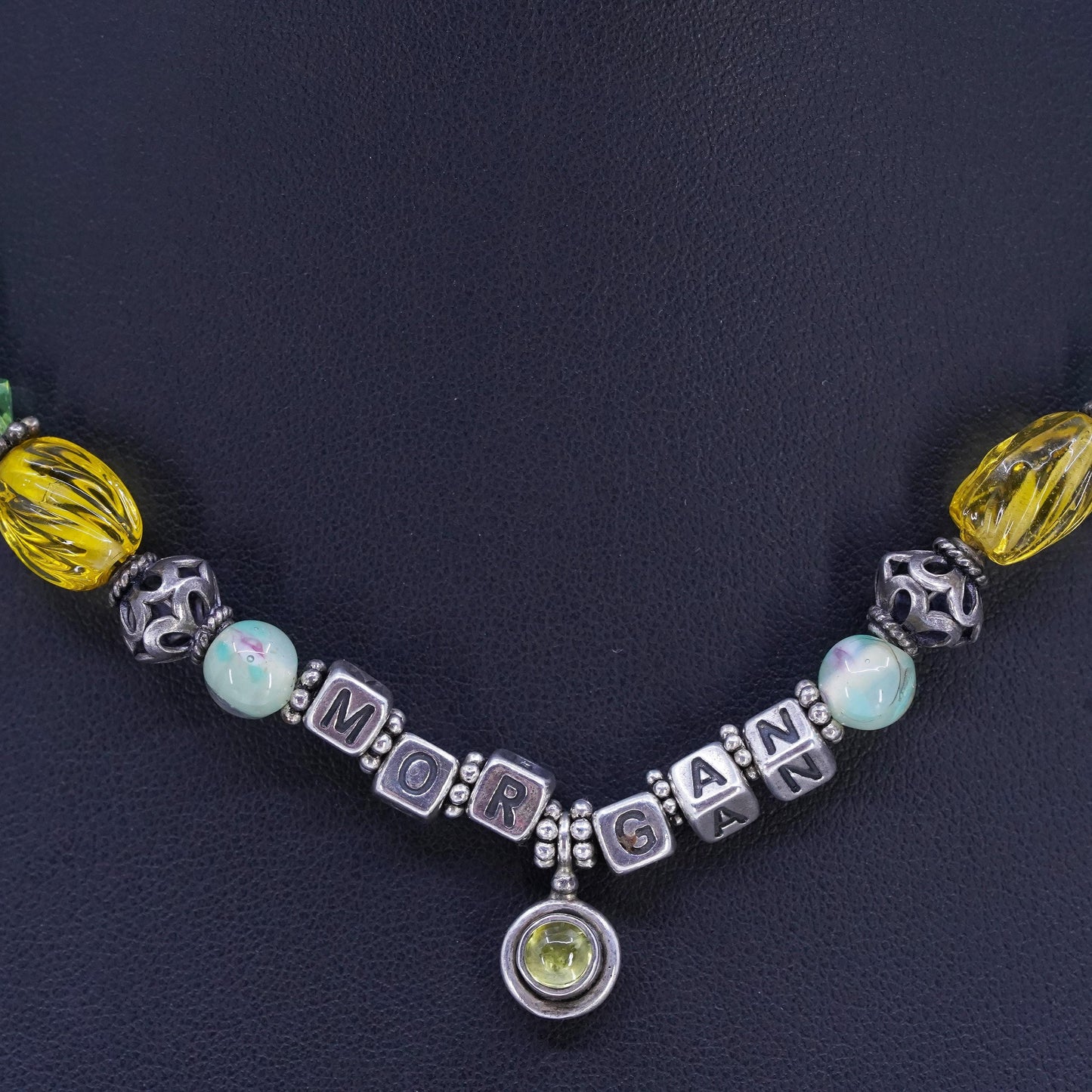 16+2", Sterling Silver 925 necklace green yellow artisan glass beads and Morgan