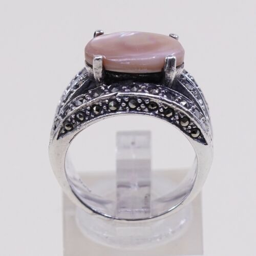 Sz 6.75, Vtg Sterling 925 Silver handmade Ring W/ Mother Of Pearl n marcasite
