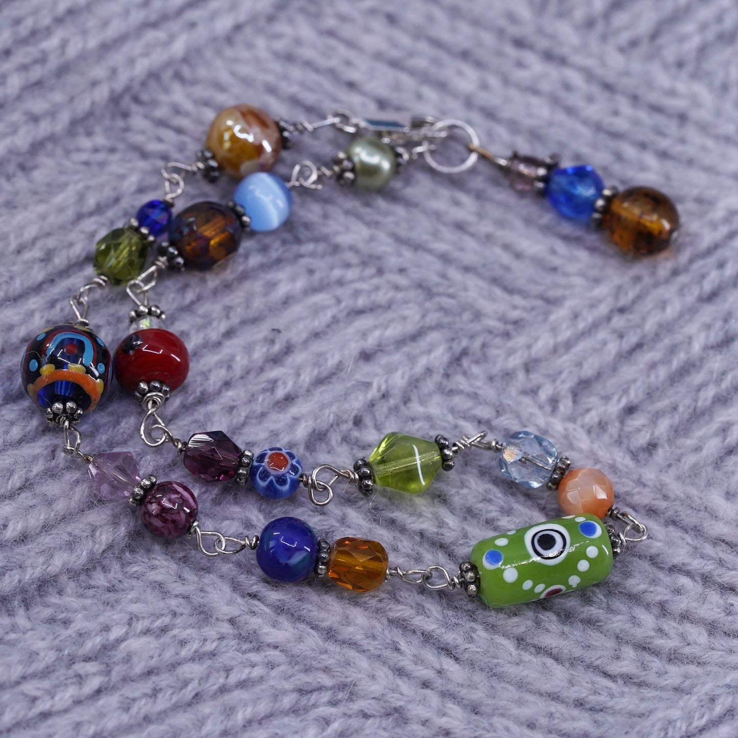 9.5", handmade brass bracelet, brass toggle closure with colorful glass beads