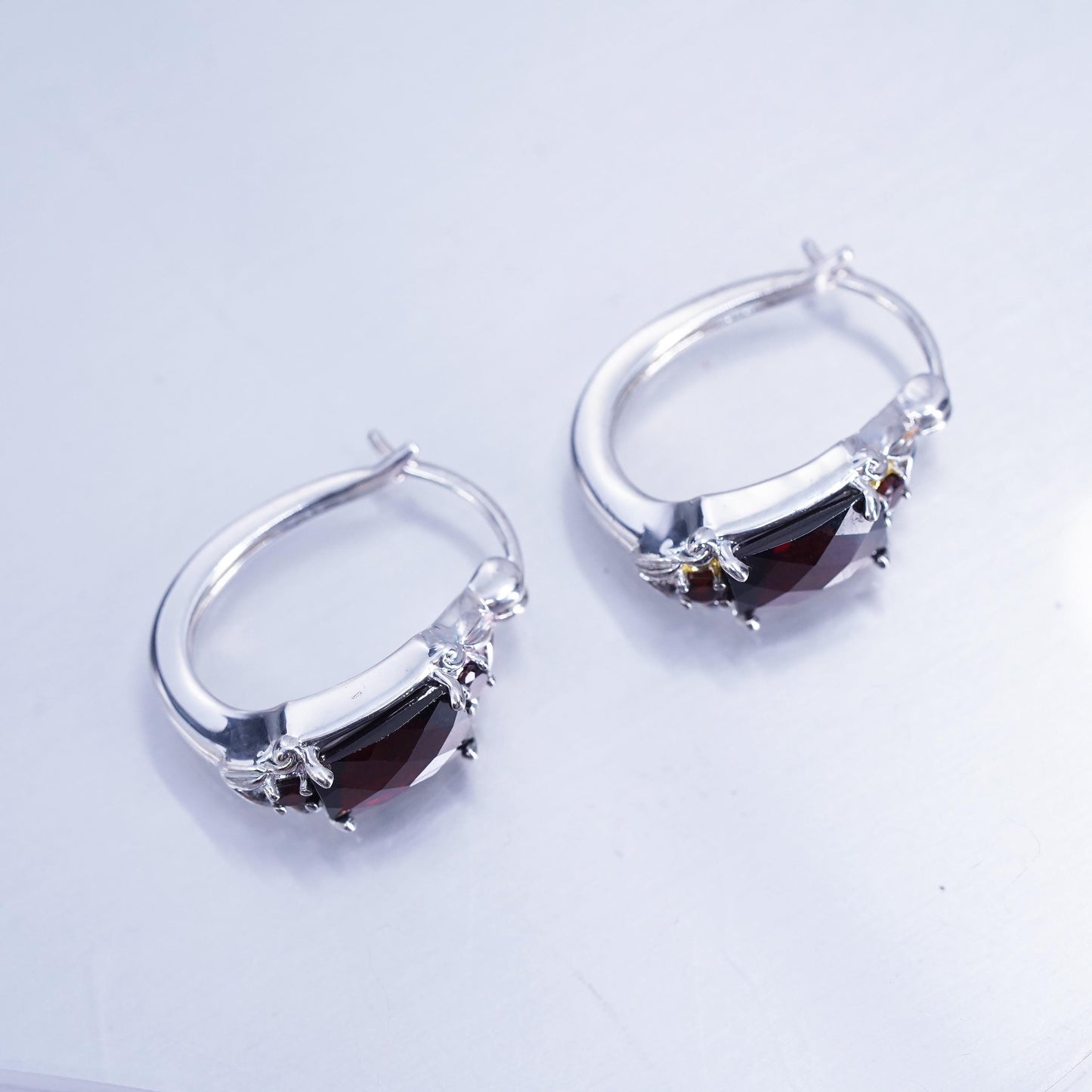 0.75”, vintage fashionable Sterling silver earrings, 925 Huggie hoops garnet