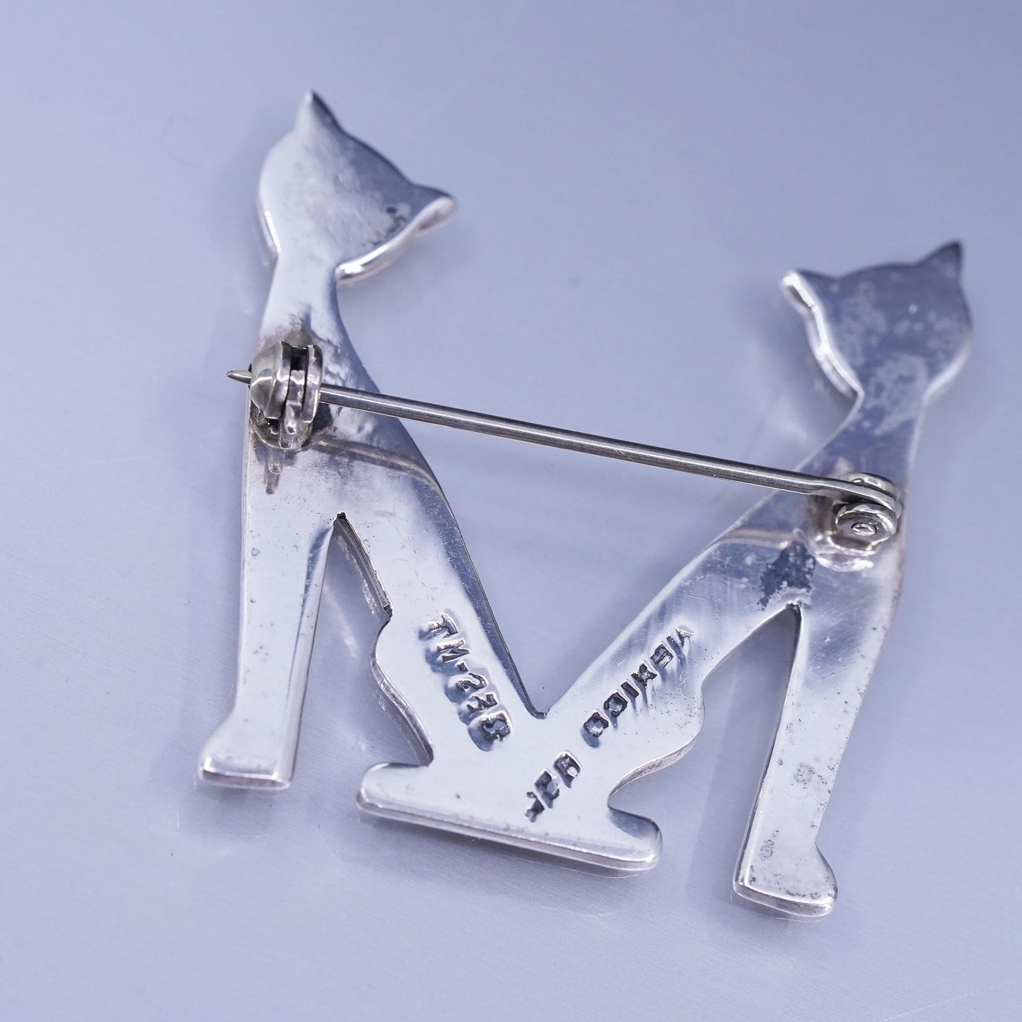 Vintage sterling silver handmade brooch, 925 letter M kitty cat pin