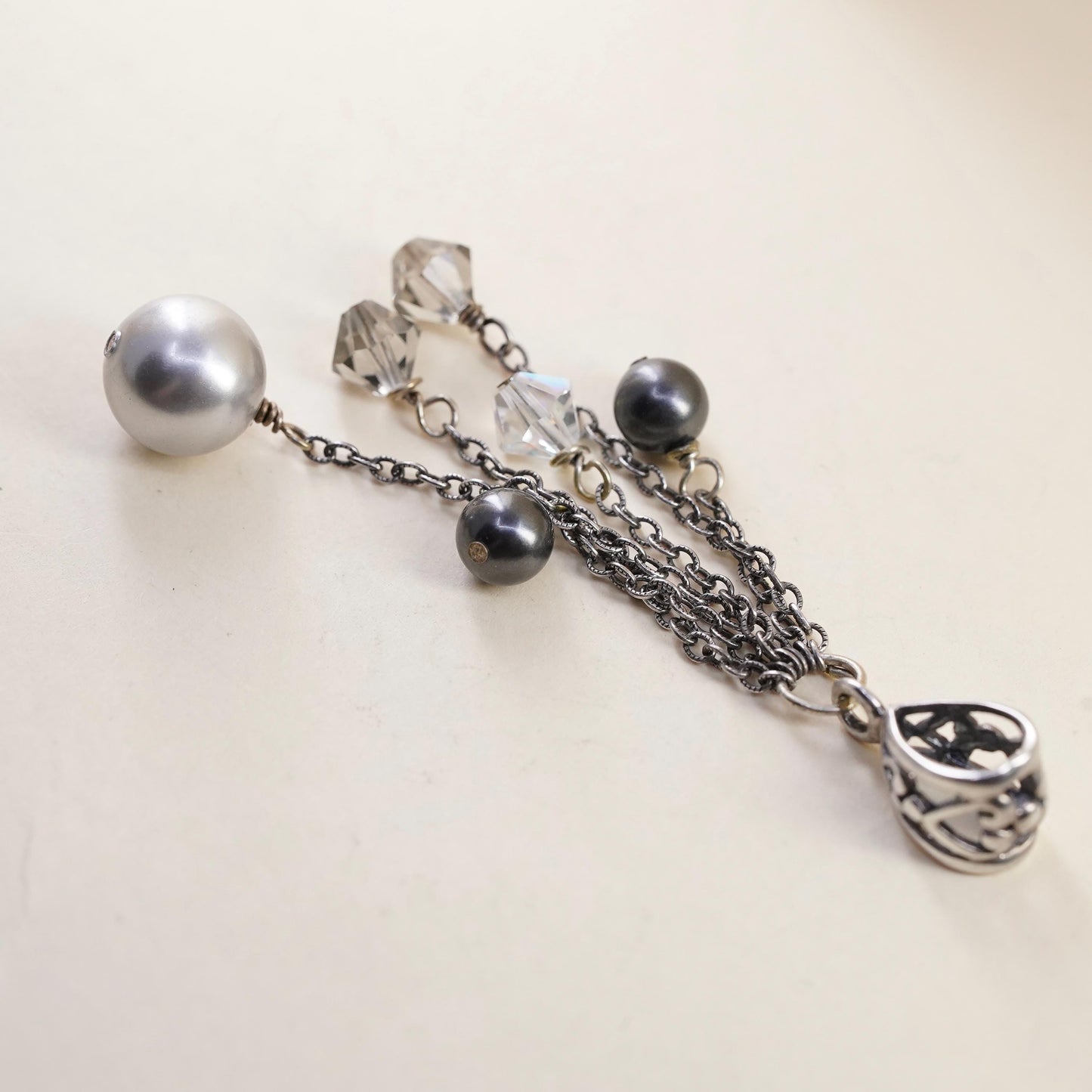 Vintage handmade sterling 925 silver chain pendant with pearl and crystal