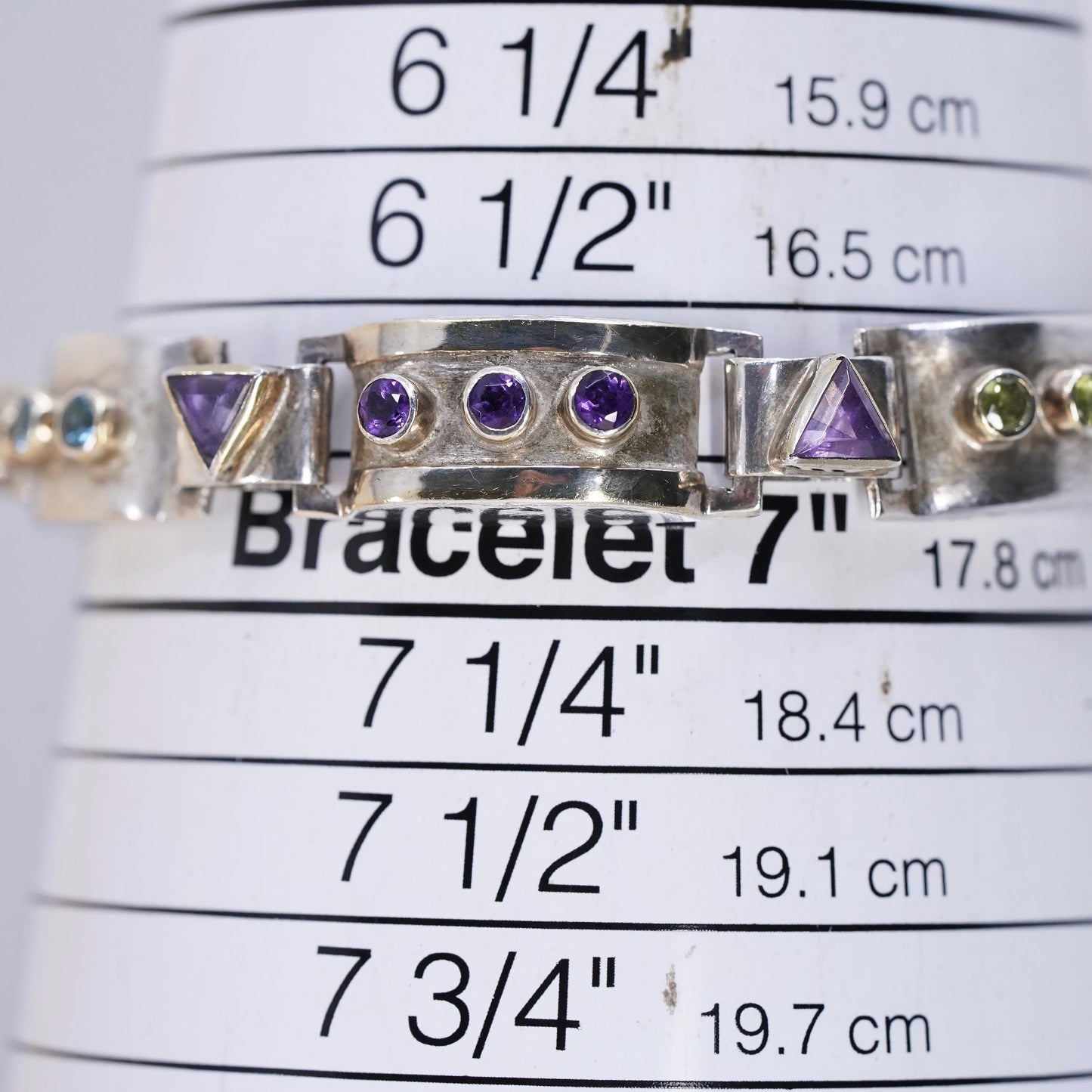 6.75” Sterling 925 Silver 14K Gold Multi Gemstone Bracelet Amethyst Topaz Pearl