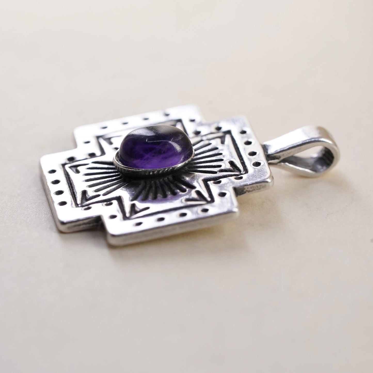 Vintage southwestern Sterling 925 silver textured cross pendant with amethyst