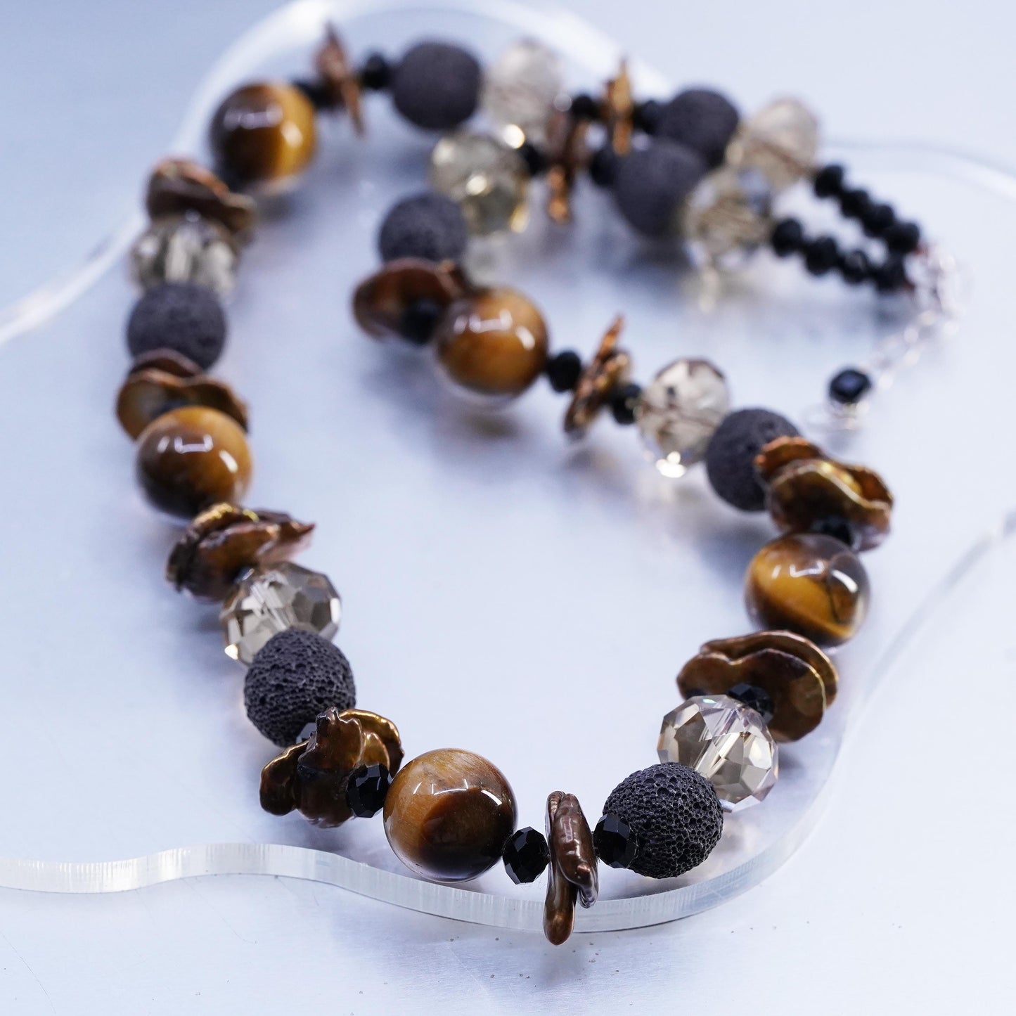 18+1”, Tiger’s Eye, Baroque Pearl sterling silver 925 Necklace Lava Stone Beads