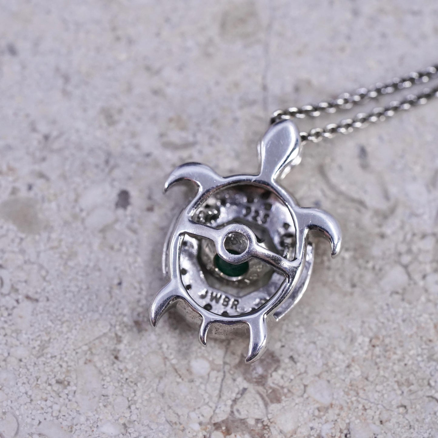 18" Sterling 925 silver circle necklace cluster diamonds emerald turtle pendant