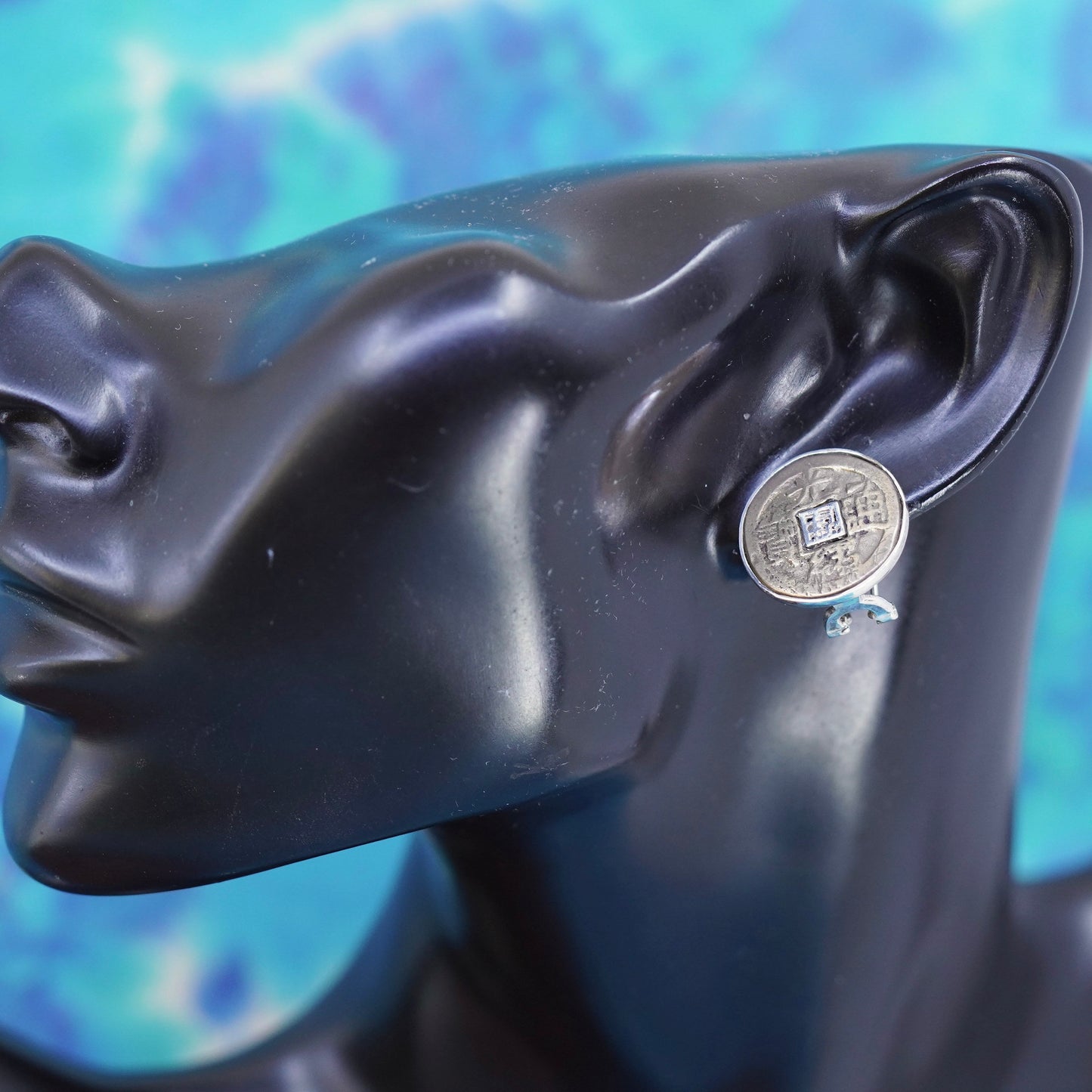 Native American Sterling silver handmade earrings, ancient Chinese coin studs