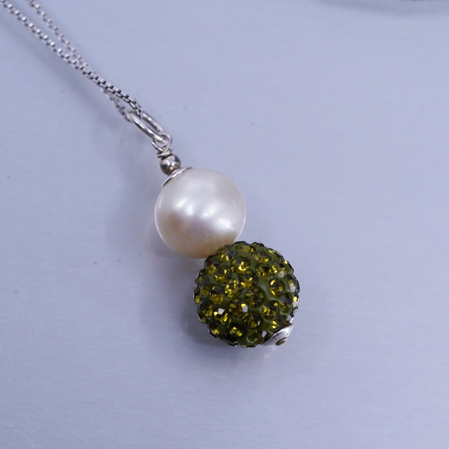 18”, Vintage Sterling 925 silver box necklace pearl green crystal bead pendant