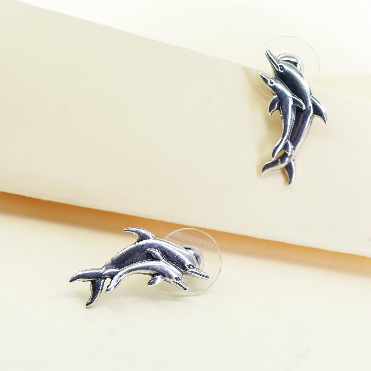 Vintage southwestern SC sterling silver dolphin mother baby studs, 925 earrings