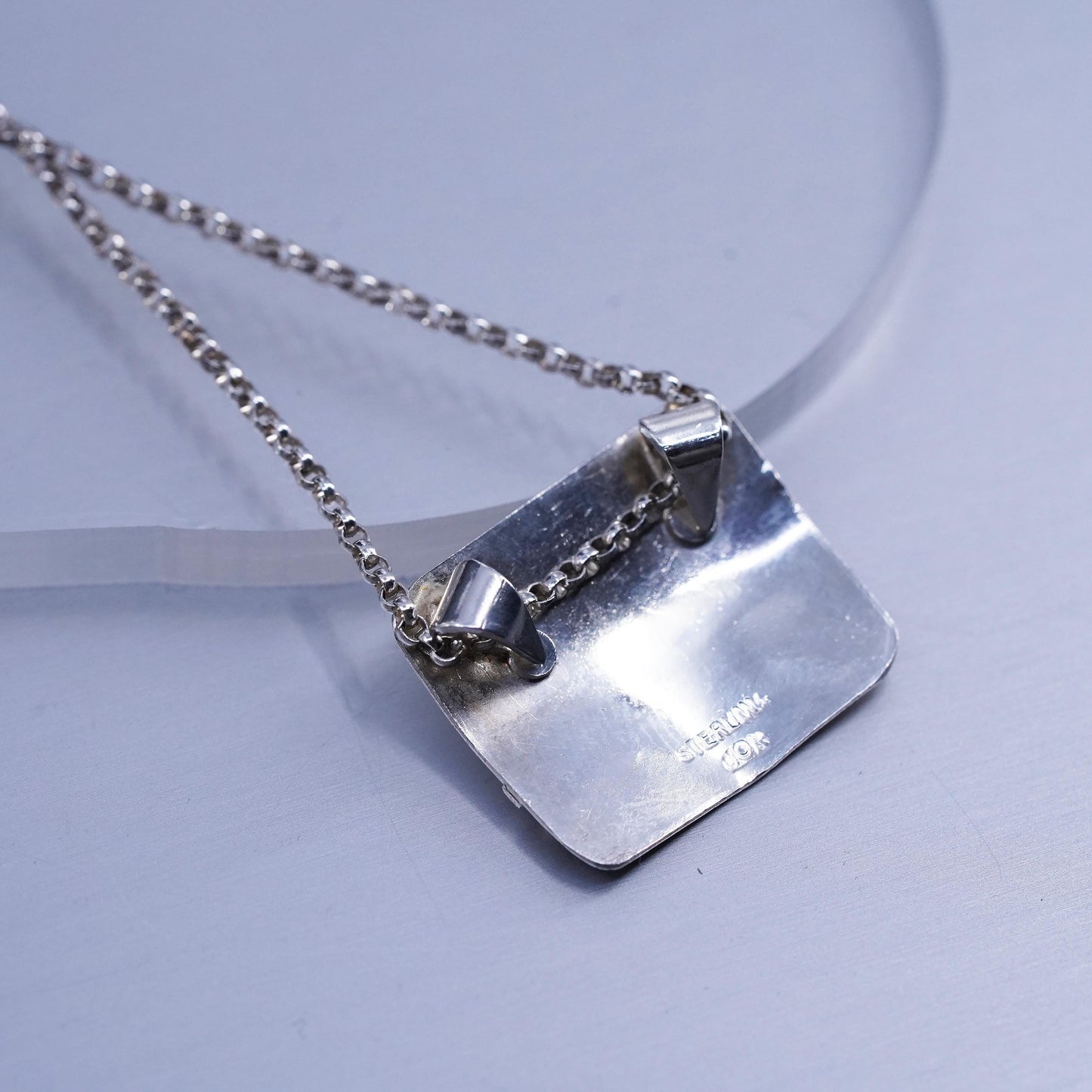 16”, southwestern Sterling 925 silver bead necklace two tone landscape pendant