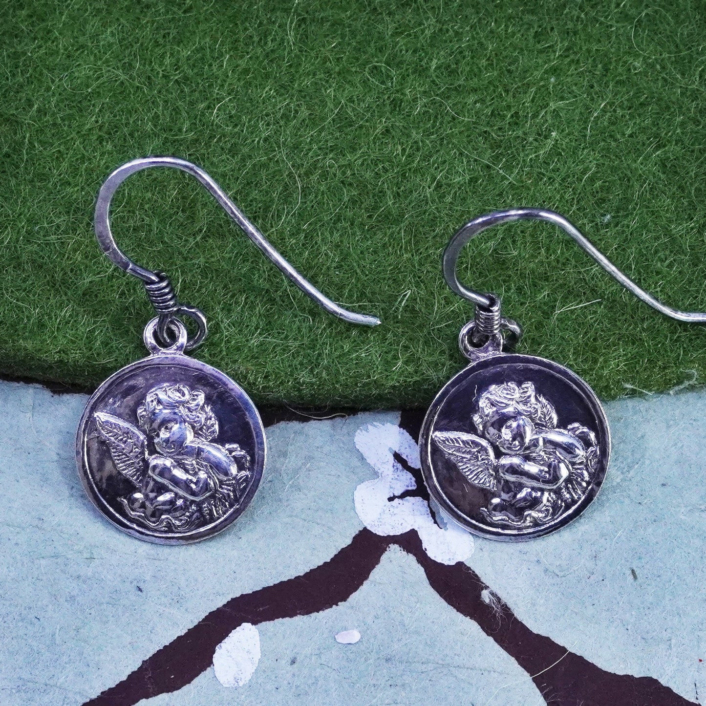 Vintage Sterling silver handmade earrings, 925 silver wired angel tag dangler