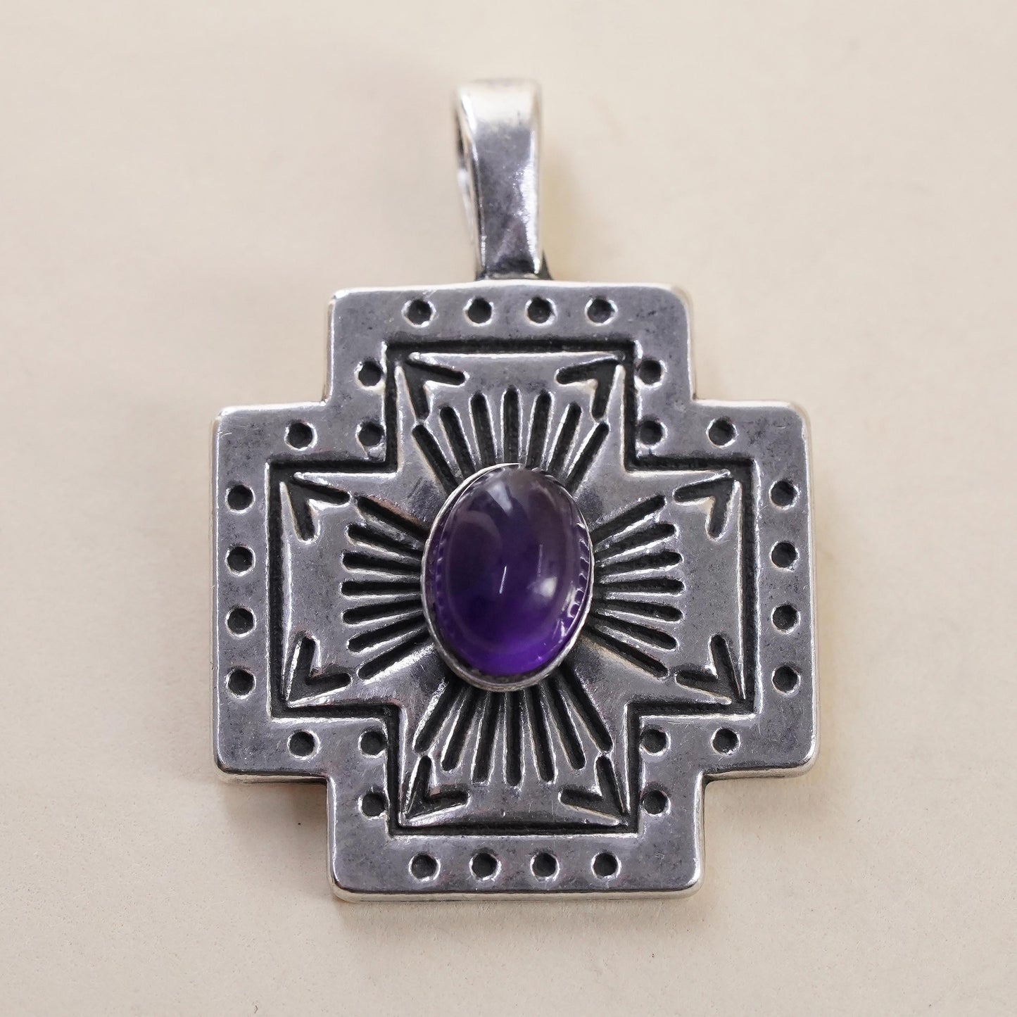 Vintage southwestern Sterling 925 silver textured cross pendant with amethyst