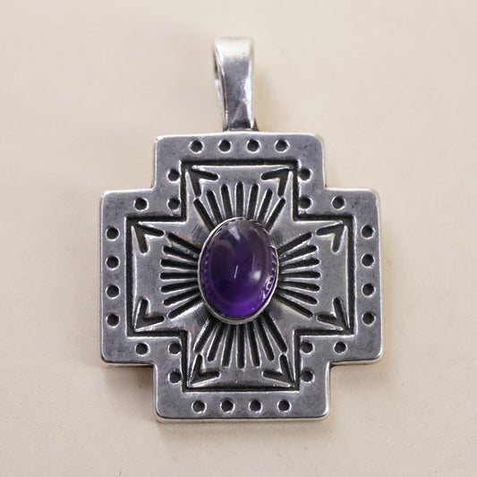 Vintage southwestern Sterling 925 silver textured cross pendant with amethyst