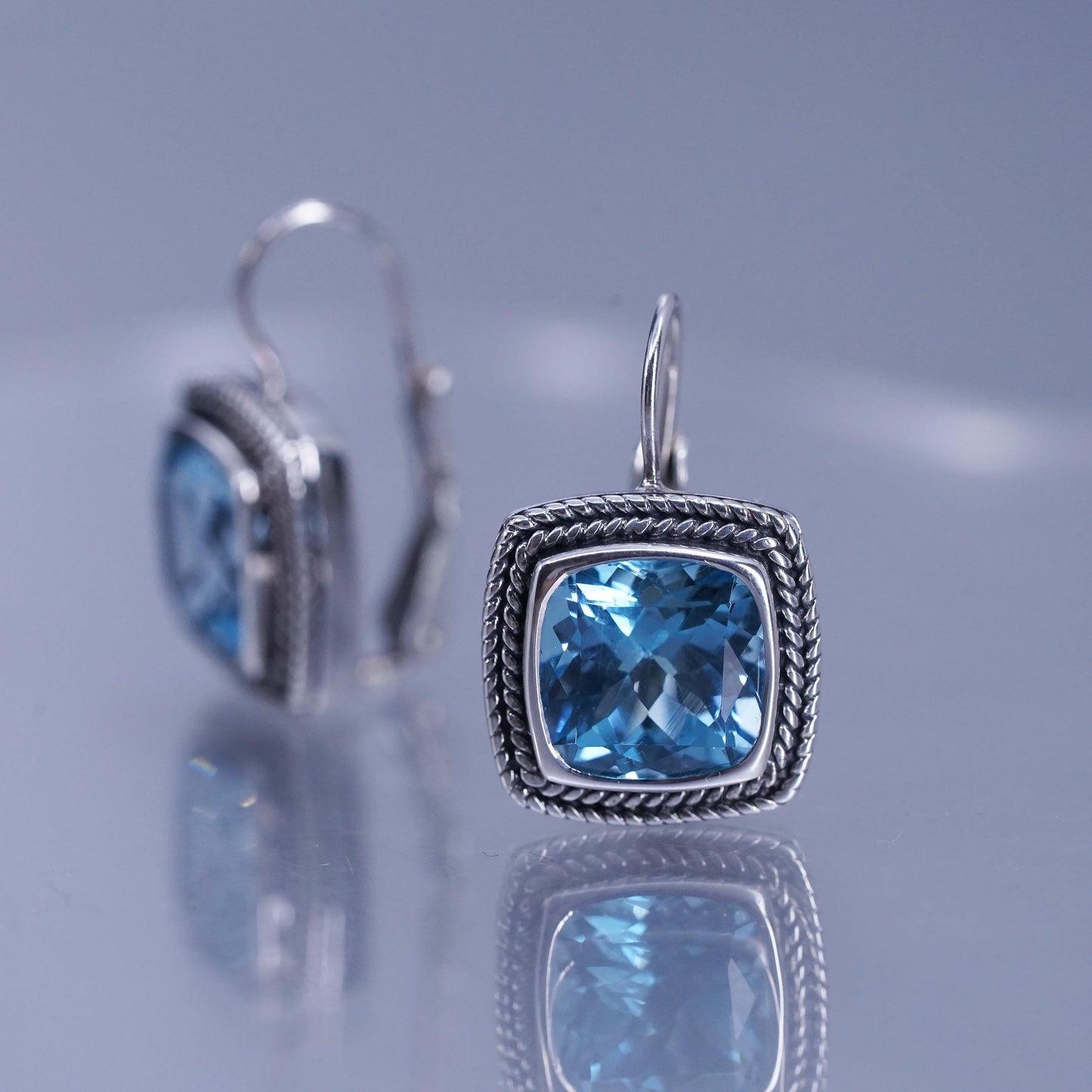 Vintage Sterling 925 silver handmade earrings with square blue topaz lever back