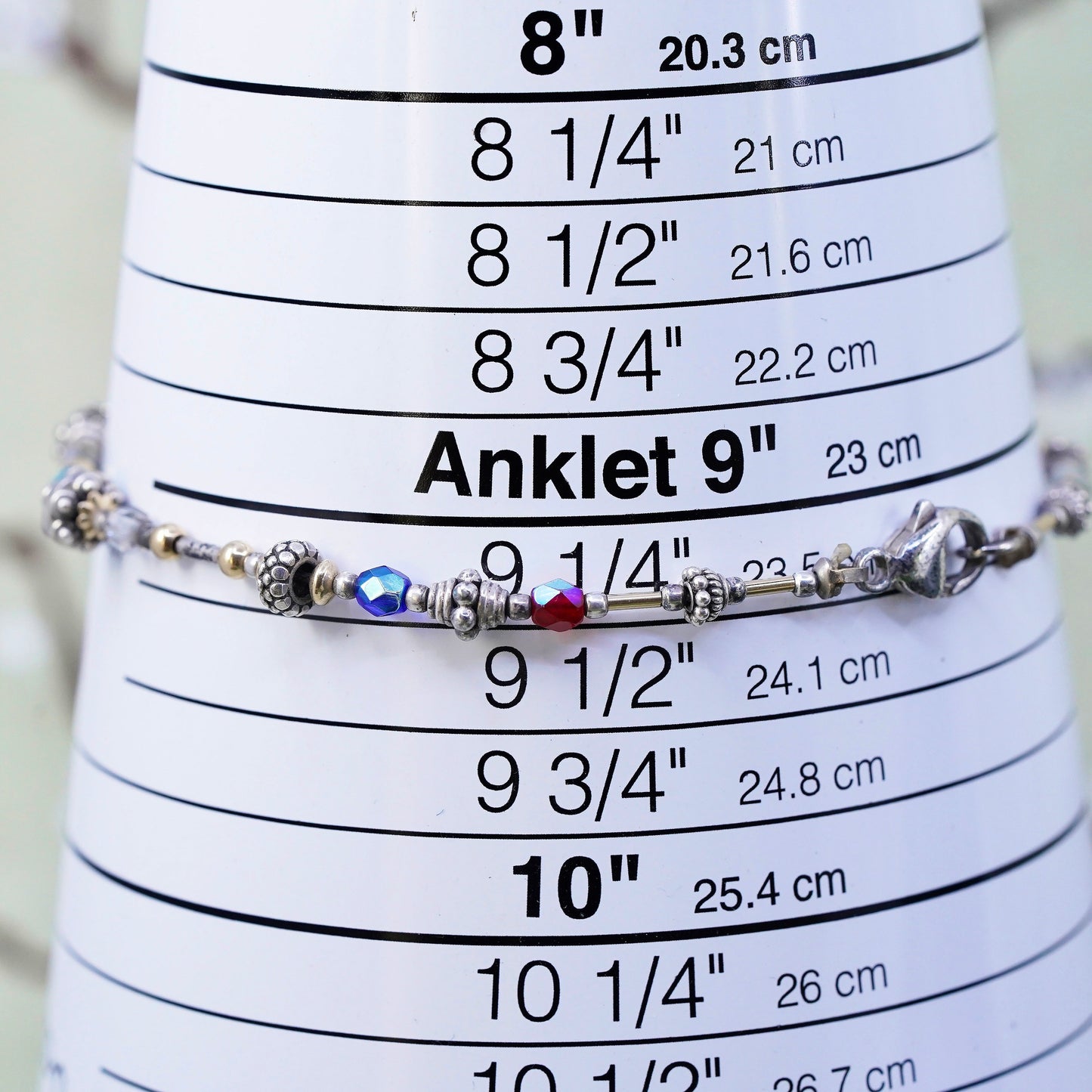 9.5", Italy Sterling 925 silver bracelet anklet with colorful crystal beads