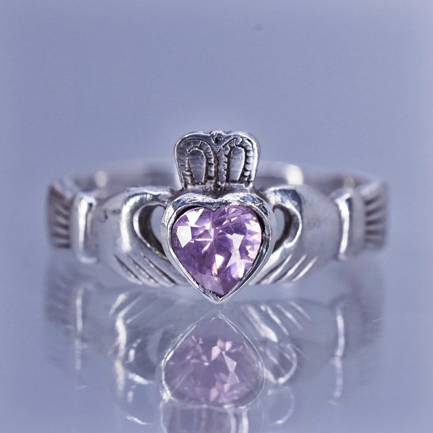 SZ 7.25, Irish Claddagh friendship Sterling 925 silver ring, pink crystal heart