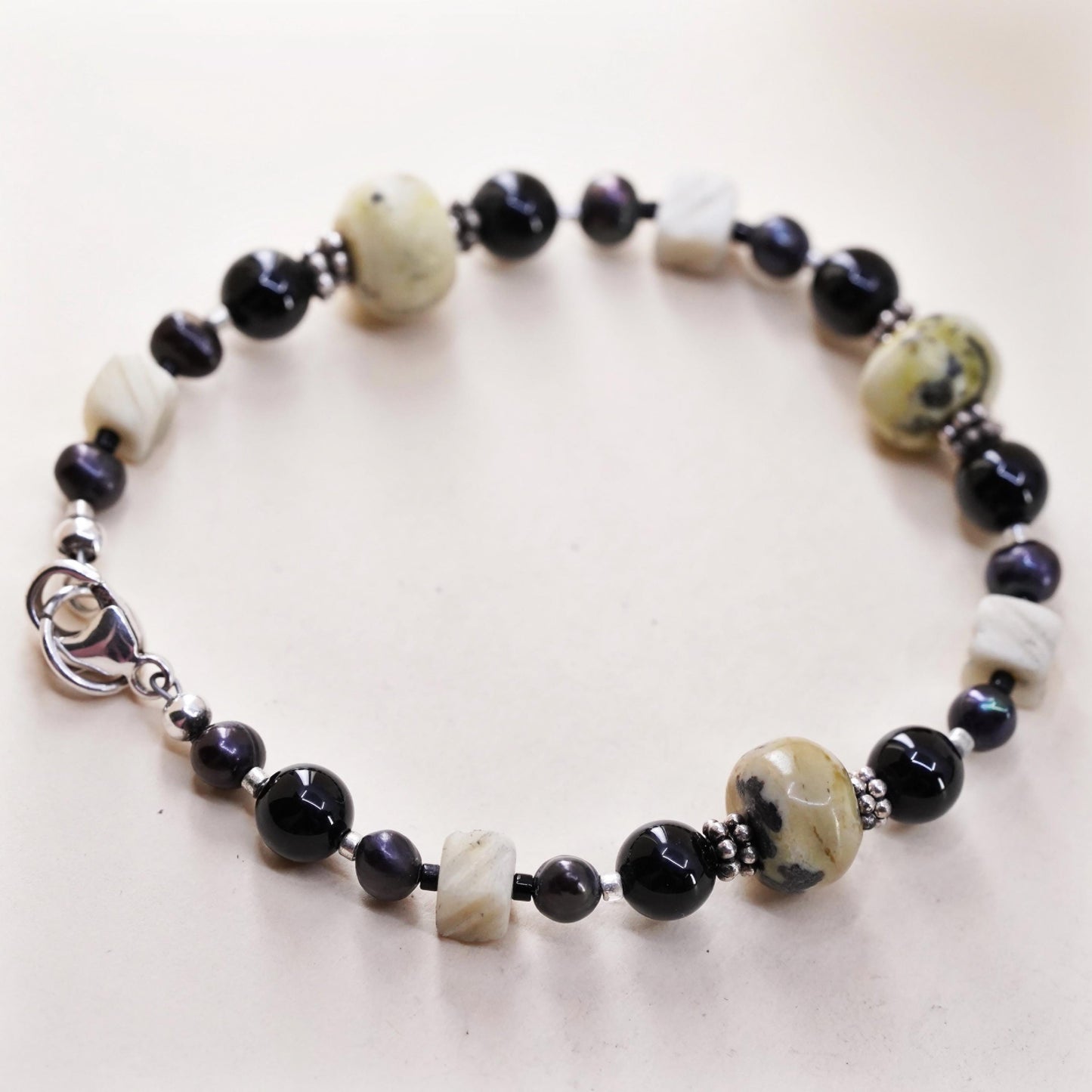 6.5”, Vintage Sterling 925 silver handmade bracelet with onyx Jasper beads
