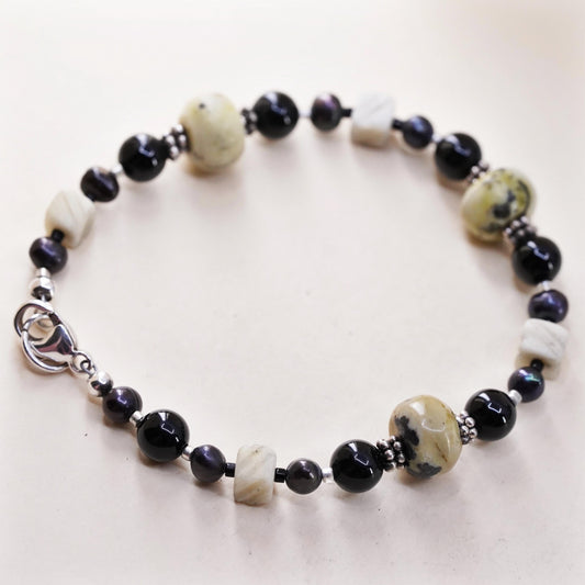 6.5”, Vintage Sterling 925 silver handmade bracelet with onyx Jasper beads