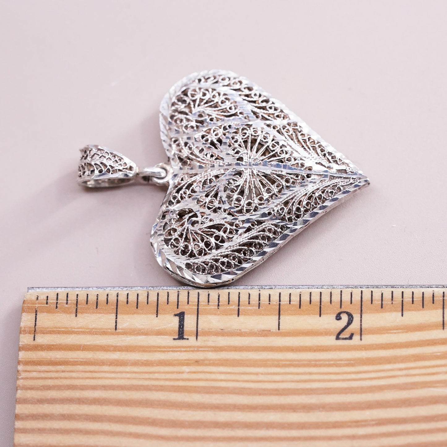 Vintage Sterling silver handmade pendant, 925 puffy filigree heart