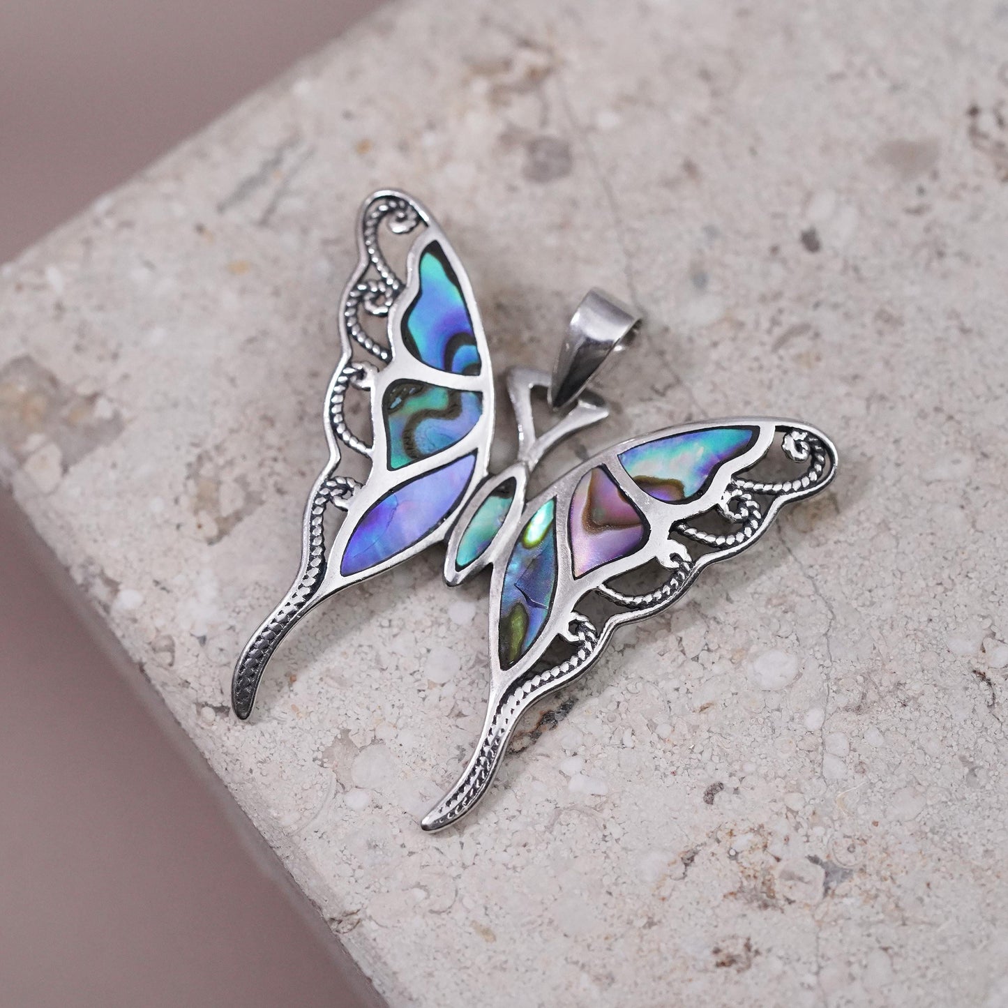Vintage Sterling 925 silver handmade butterfly pendant with abalone