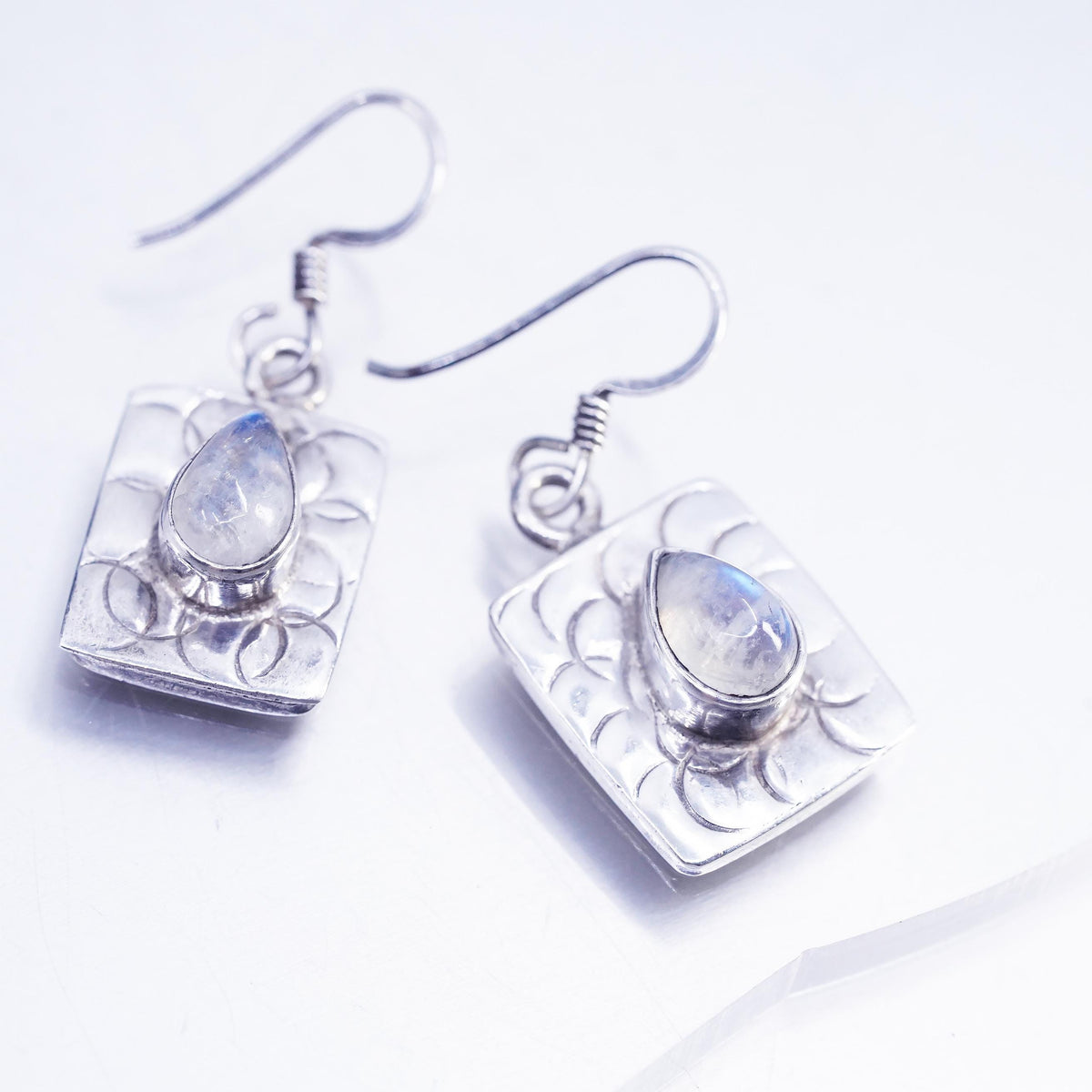Vintage Sterling 925 silver textured square earrings teardrop moonstone