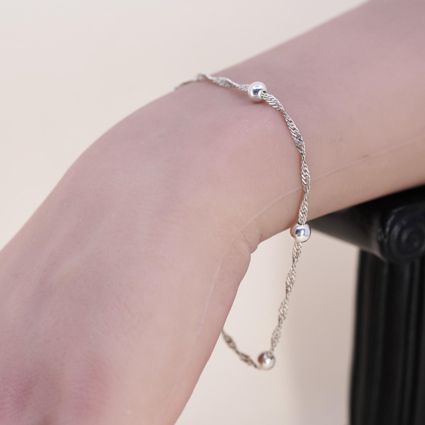 7.75" Italian sterling silver bracelet, twisted curb link chain with 3mm beads