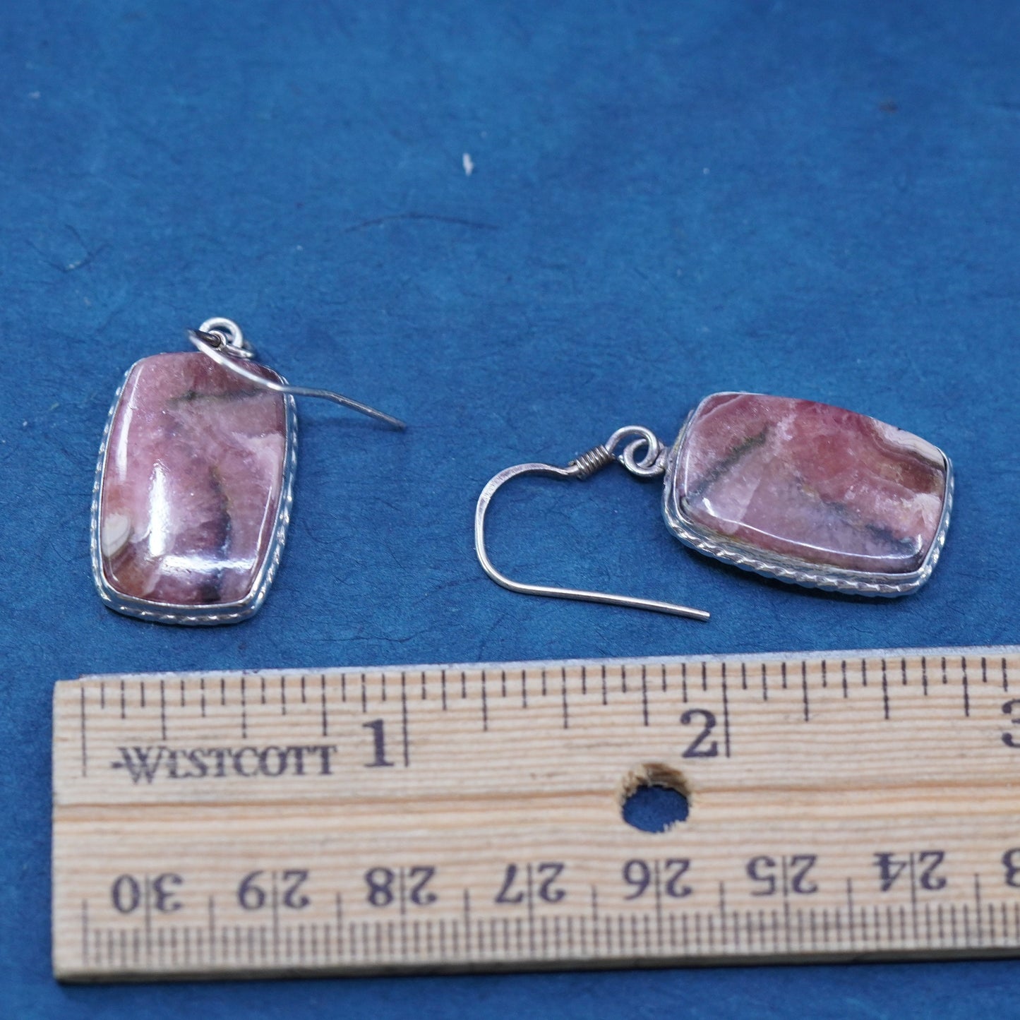 Vintage sterling 925 silver handmade earrings with rectangular agate cable