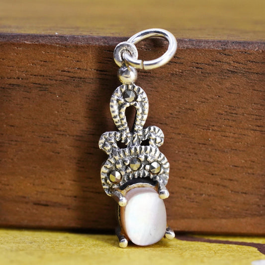 Vintage Sterling 925 silver handmade pendant w/ pink mother of pearl marcasite