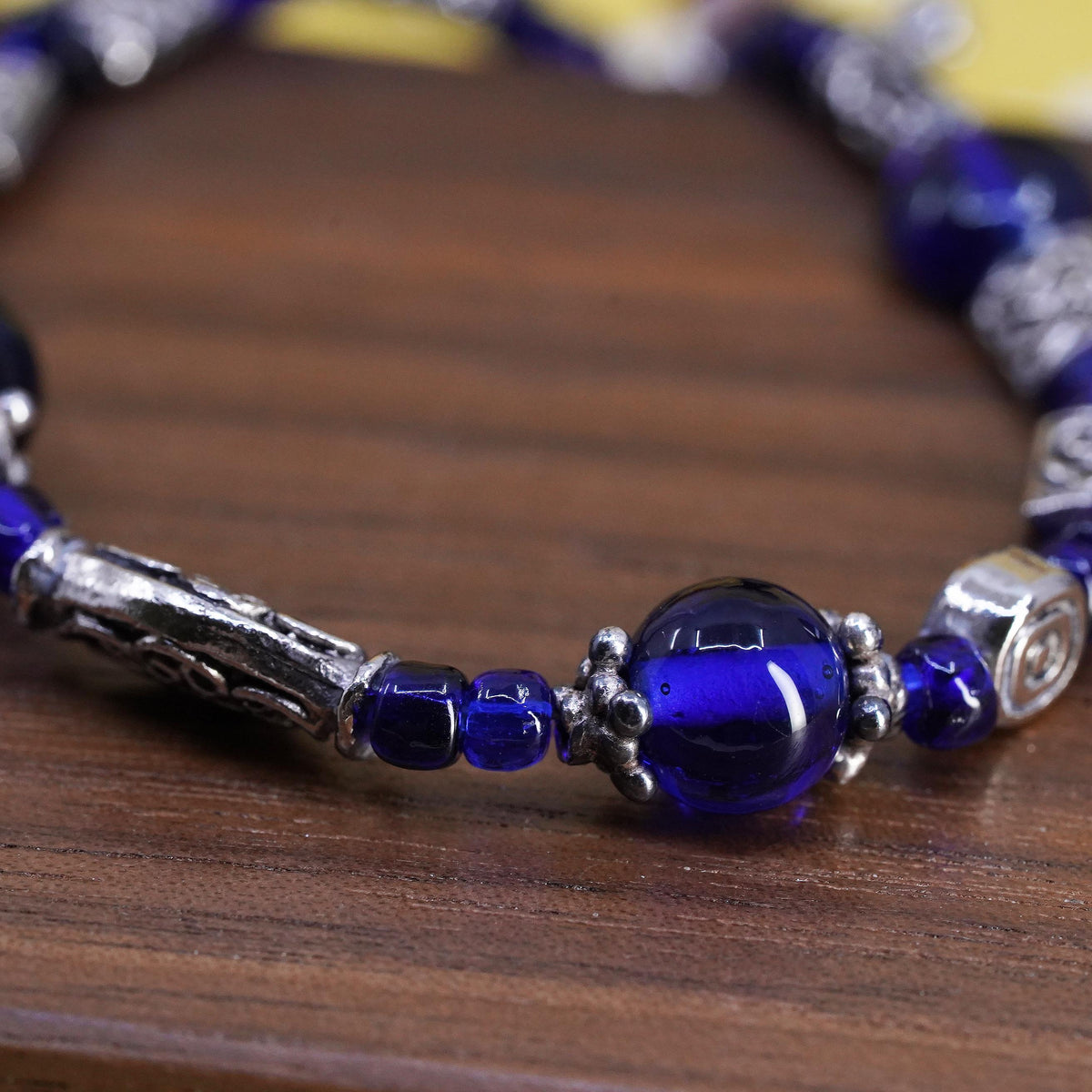 7", vintage Sterling 925 silver handmade bracelet, blue glass beads bracelet