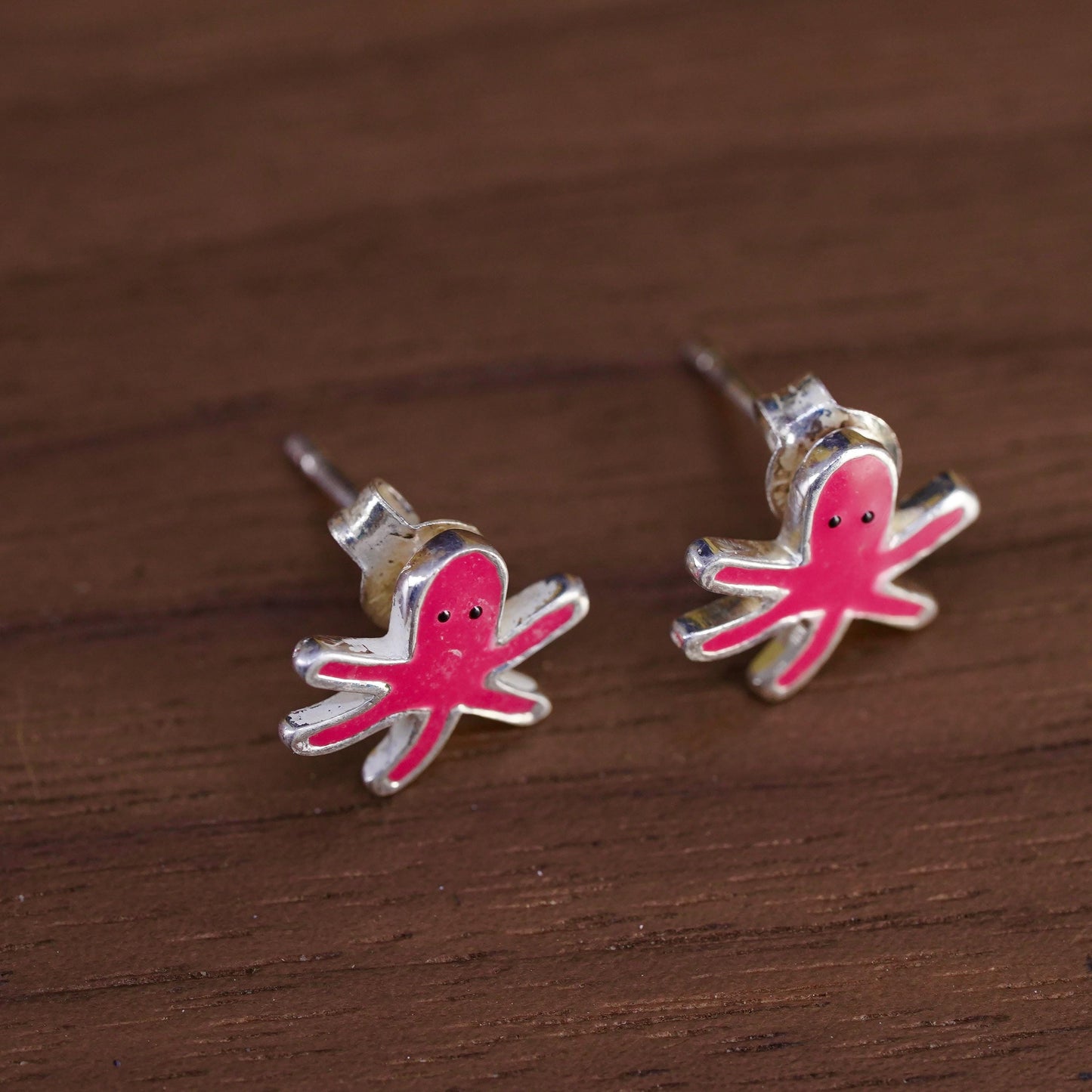 VTG Sterling silver handmade earrings, 925 octopus sausage studs pink enamel