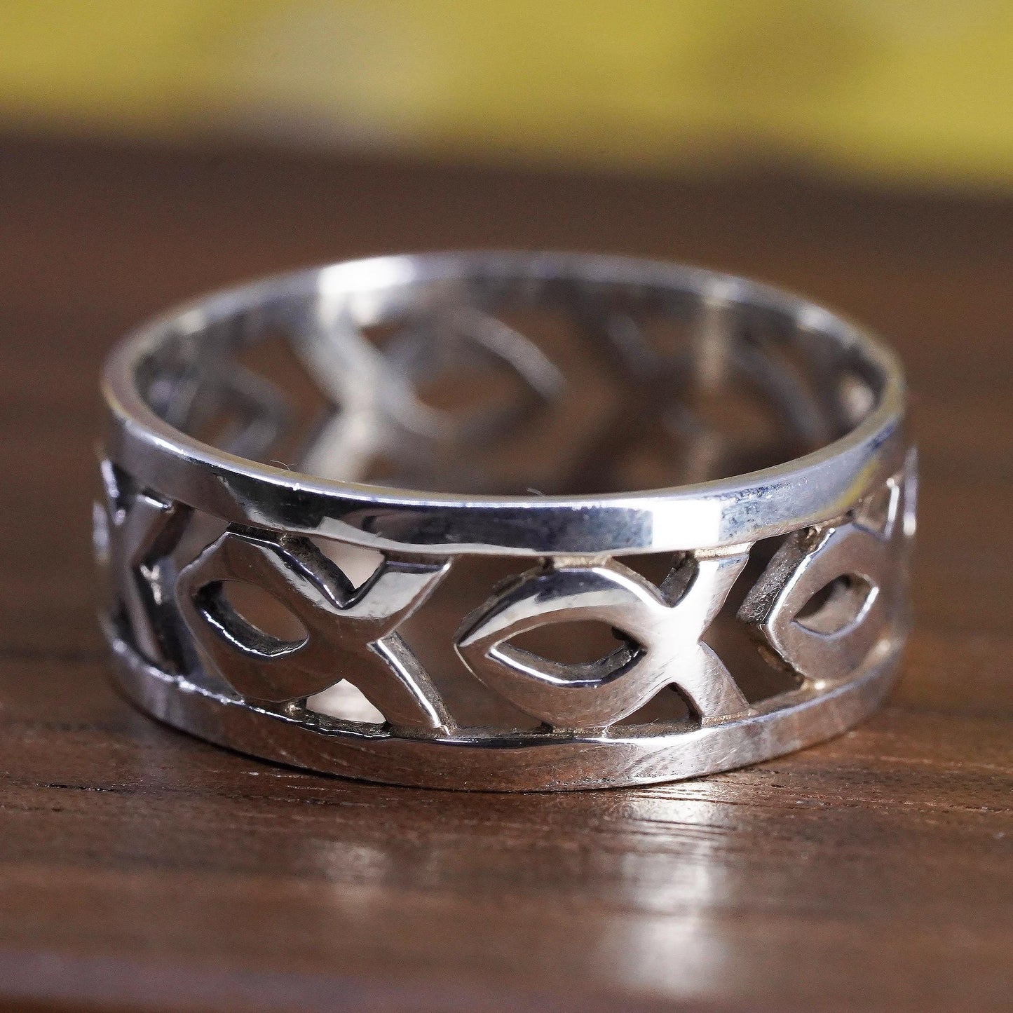 Size 8.75, Sterling Silver 925 Openwork Fish Band, Ichthys Christian Fish Ring
