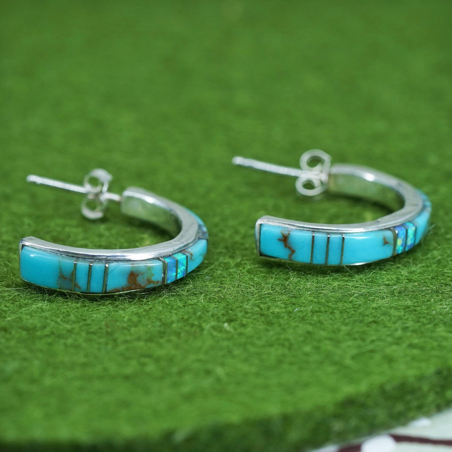 1”, Native American Sterling silver earrings, 925 huggie studs turquoise opal