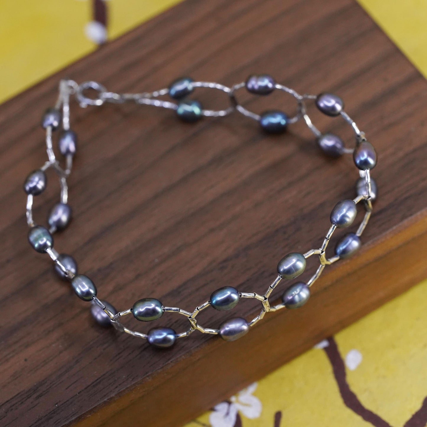 7" Vintage handmade genuine black pearl beads bracelet, sterling 925 silver