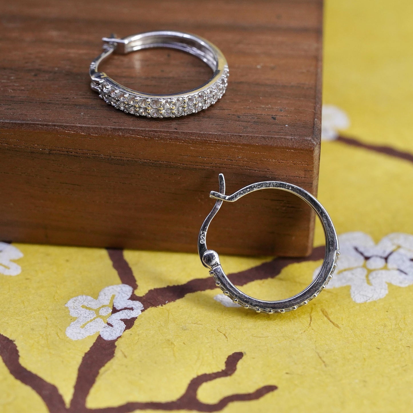 0.75", vintage Sterling silver hoop earrings, 925 huggie with cluster diamonds