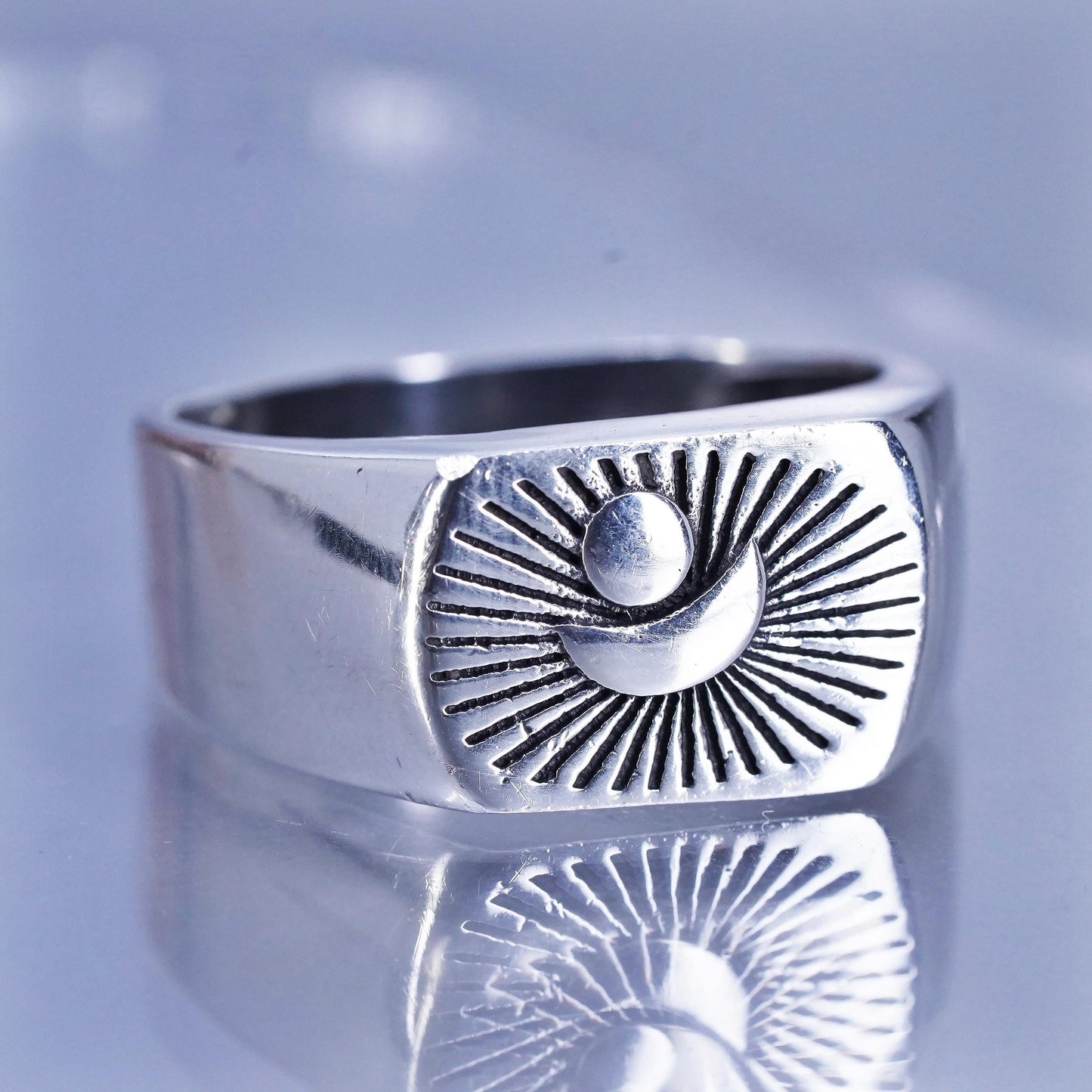 Size 13.5, vintage statement Sterling 925 silver handmade ring, band moon sun