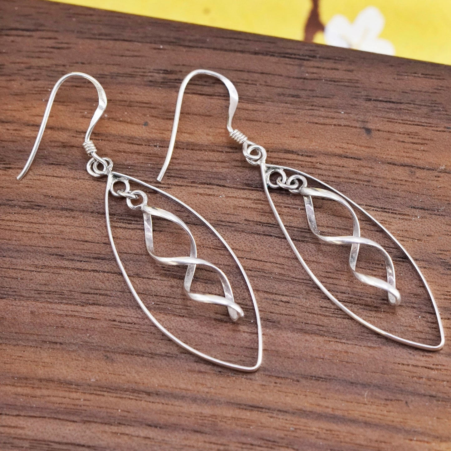 Vintage Sterling silver handmade earrings, 925 marquise dangle with spiral