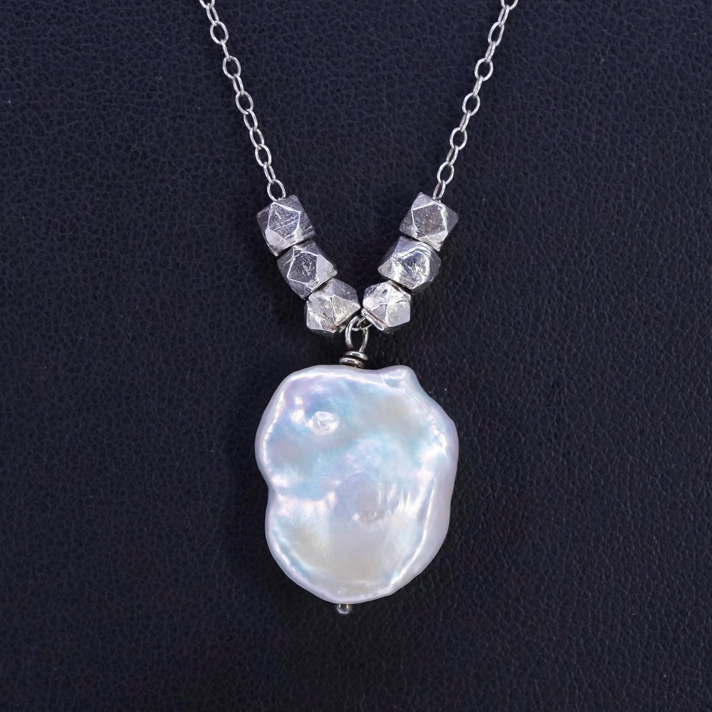 16+3", vintage Sterling 925 silver circle chain necklace Baroque pearl pendant